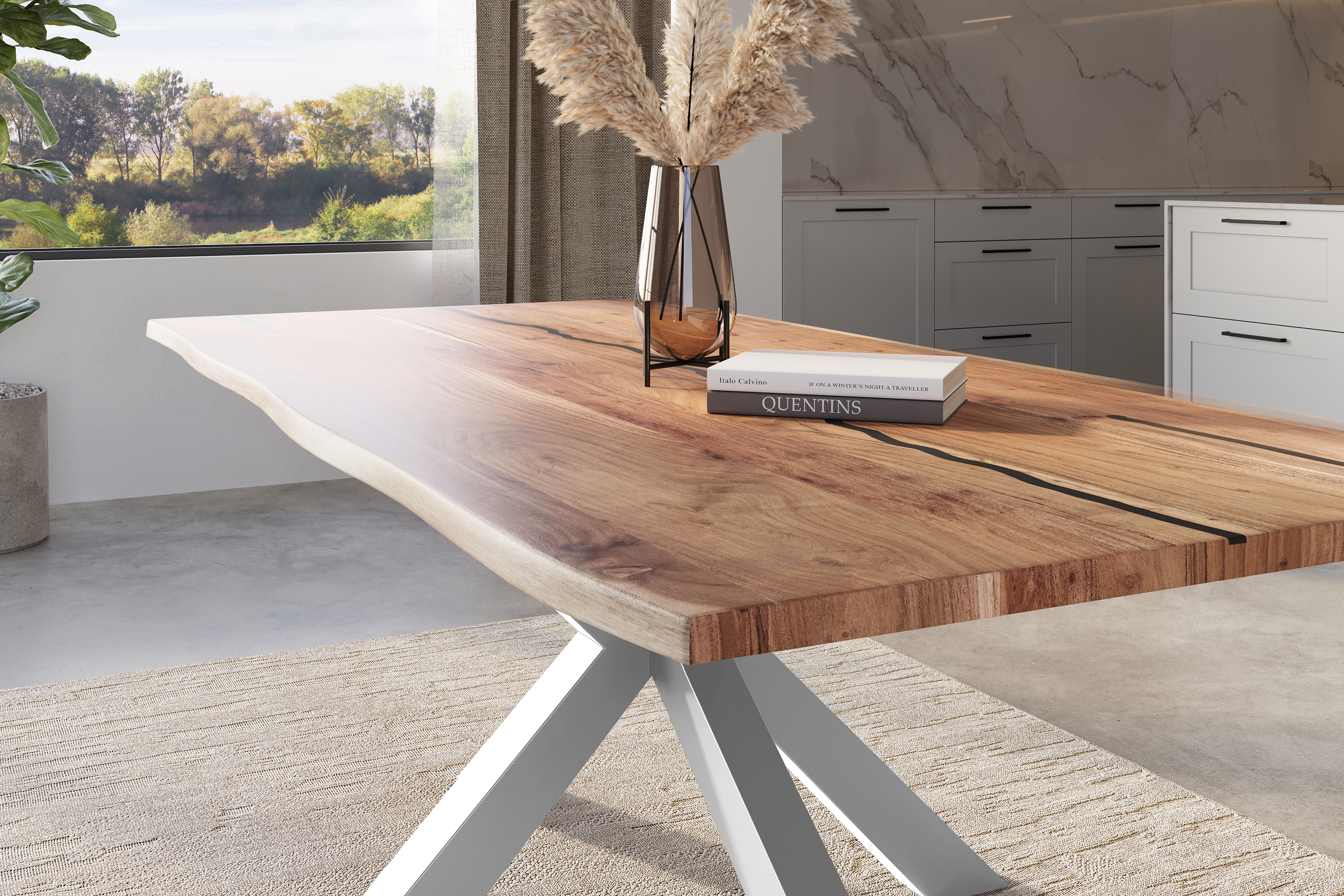 Baumkantentisch Akazie mit schwarzen Resin-Adern naturfarben 220 x 100 cm Spider-Gestell silber POLLY