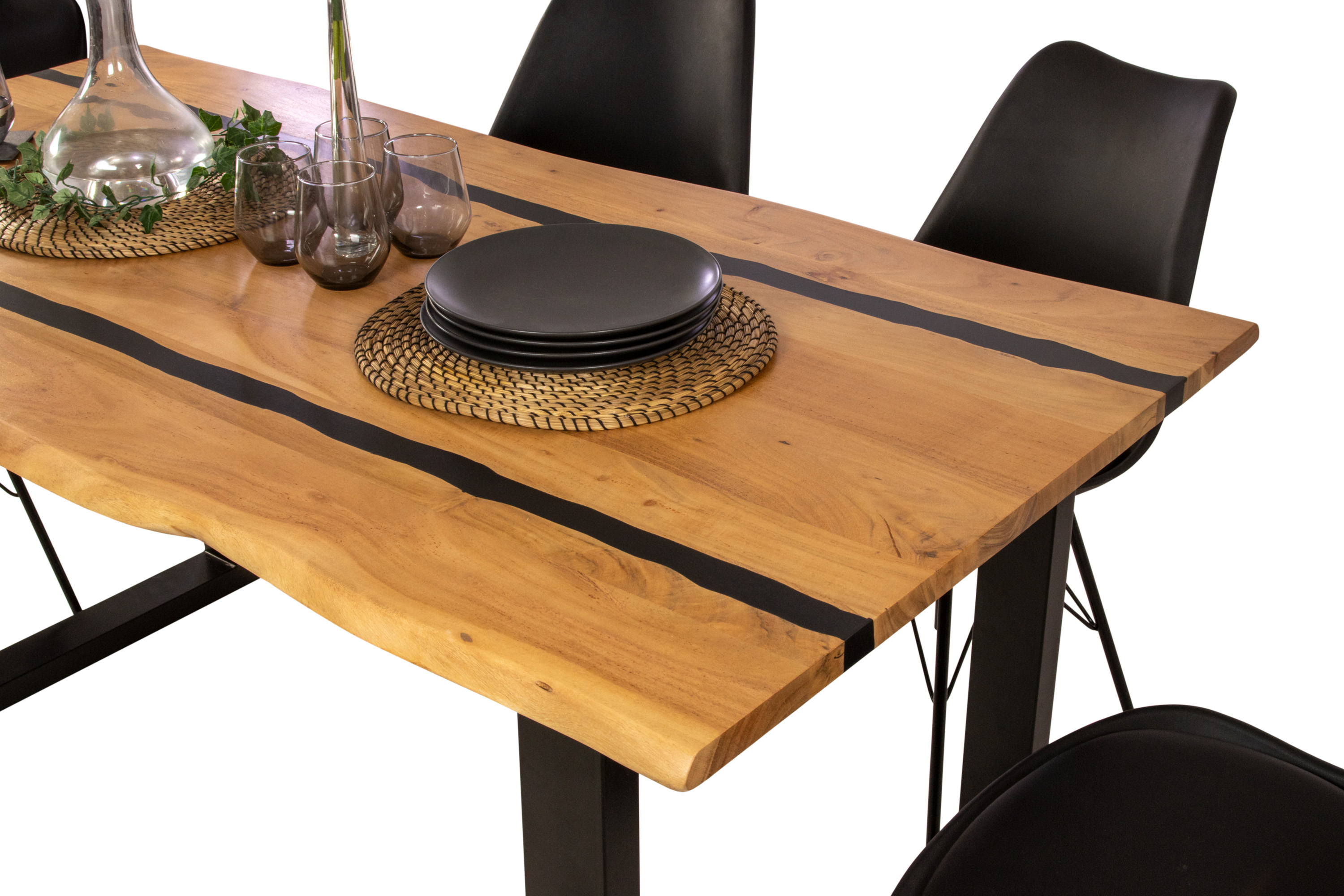Esstisch 160 x 85 cm Akazie massiv natur mit schwarzen Resin-Adern U-Gestell schwarz PETER