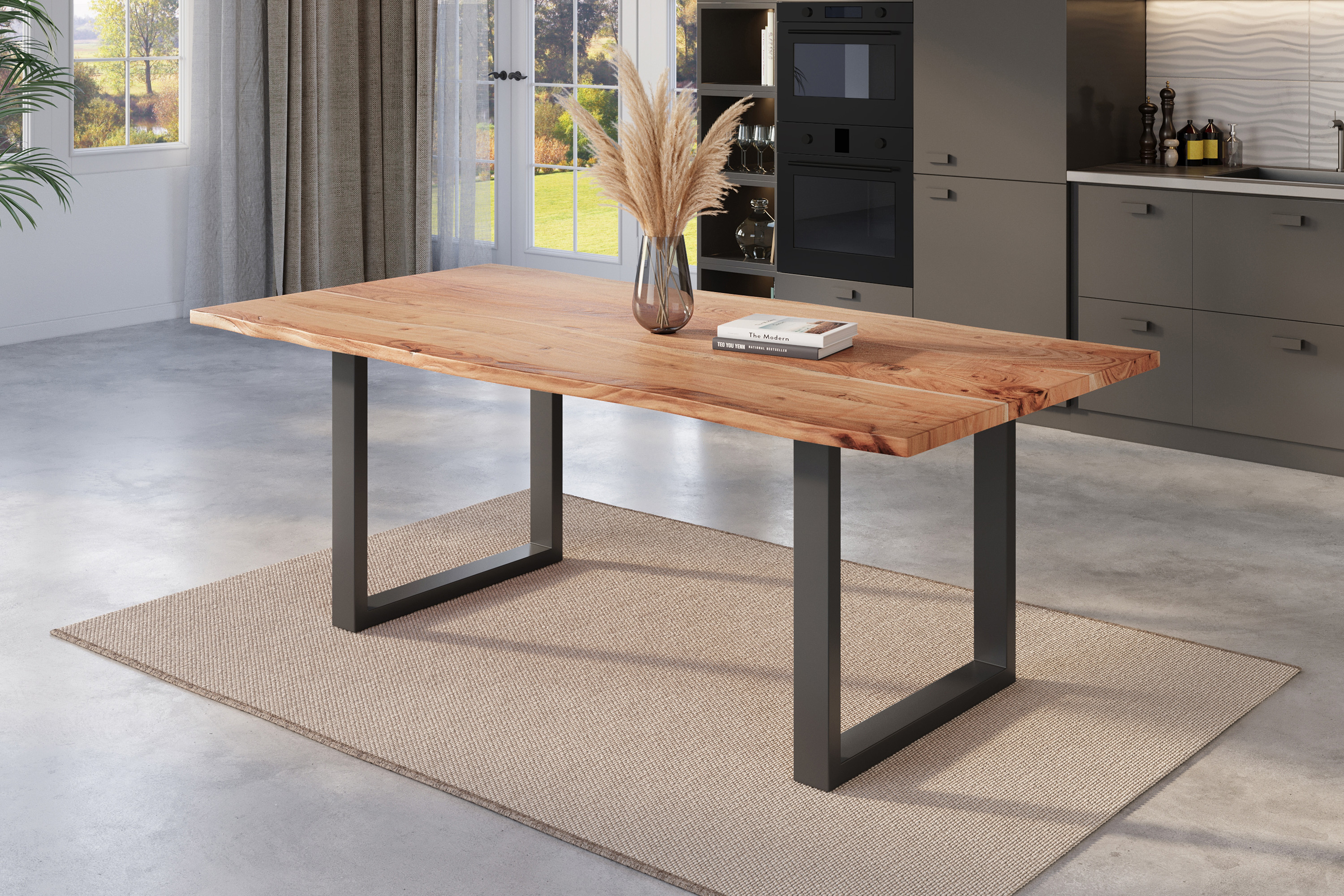 Esstisch Baumkante massiv Akazie natur 200 x 100 U-Gestell schwarz NICK