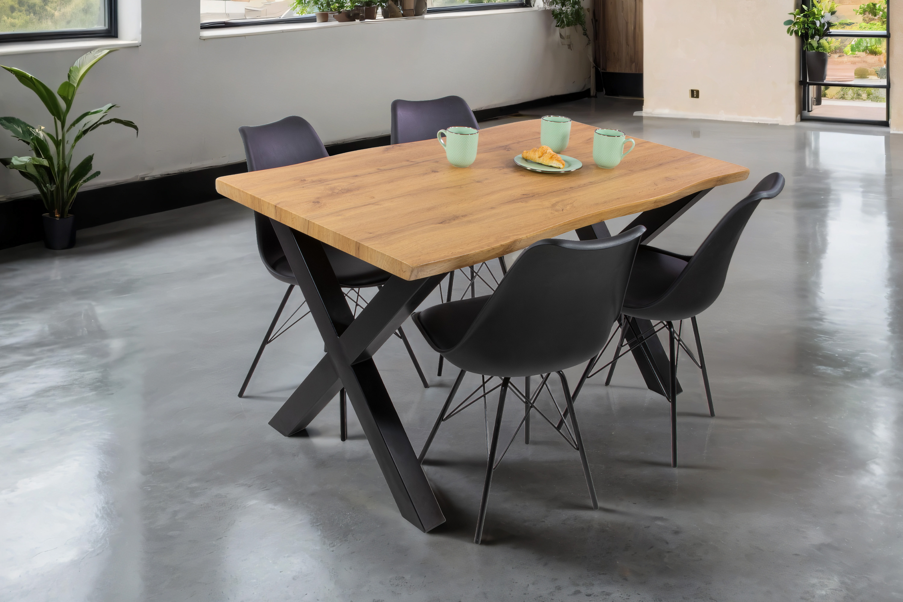 Esstisch Baumkante Holz-Optik Wildeiche 120 x 80 X-Gestell schwarz JOSY