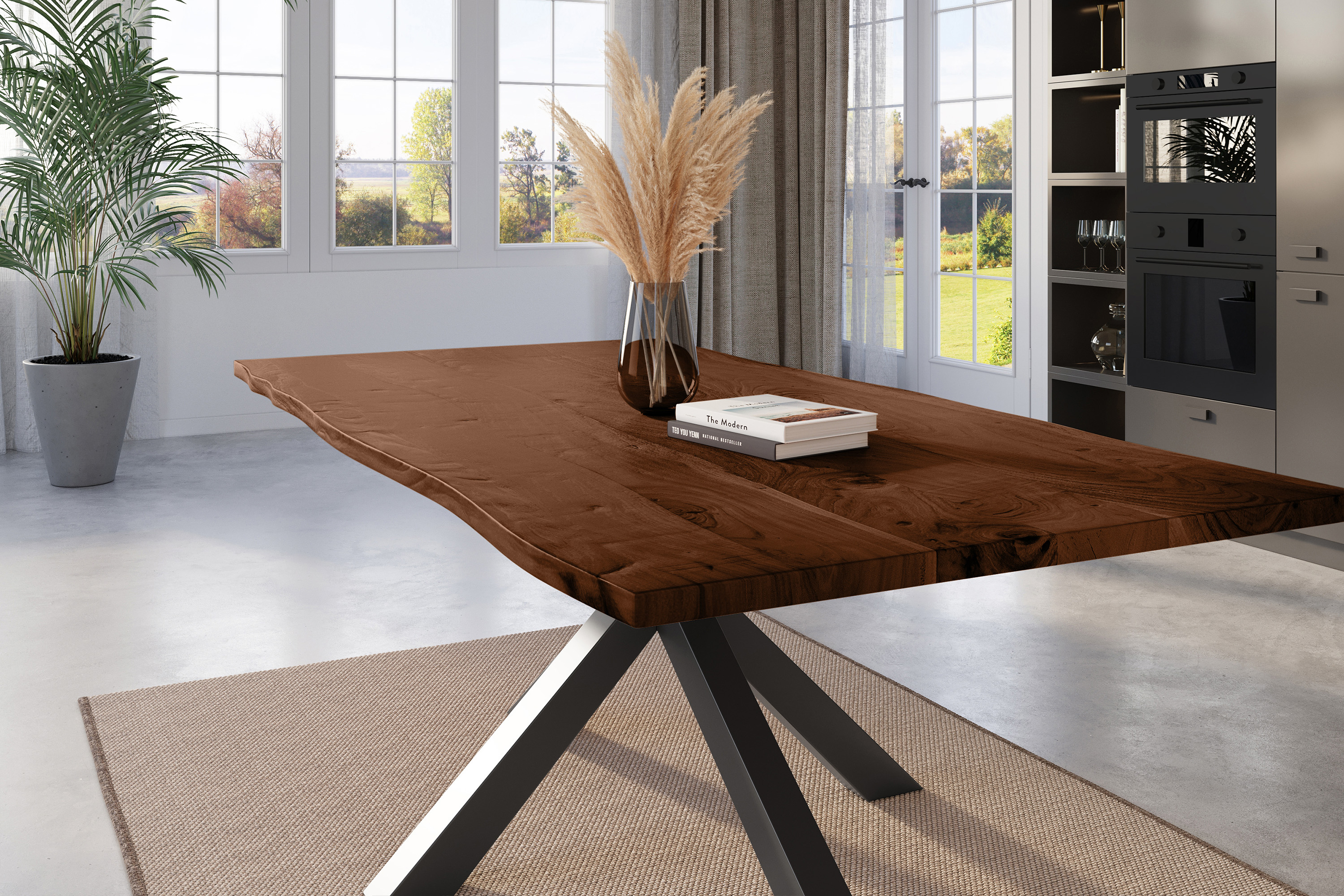 Esstisch Baumkante massiv Akazie nussbaum 180 x 90 cm Spider-Gestell schwarz Kalea