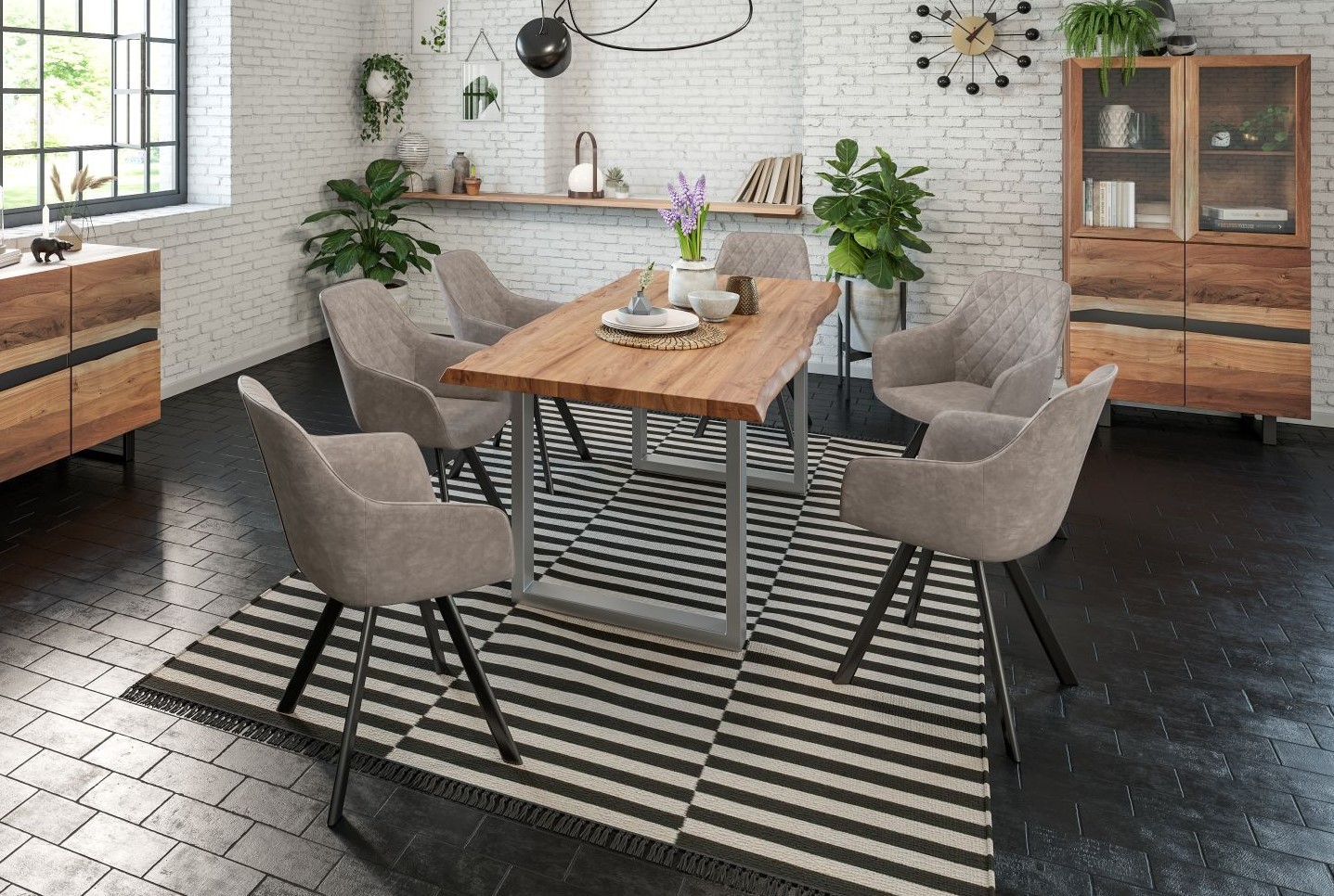  Esstisch Baumkante massiv Akazie natur 120 x 80 silber LIAM