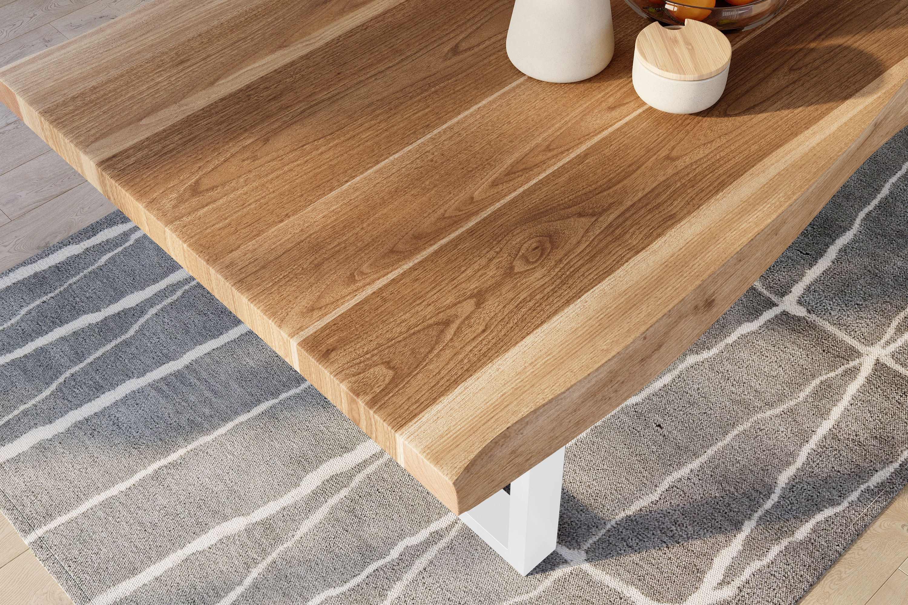 Esstisch Baumkante massiv Akazie natur 300 x 120 U-Gestell Metall weiß TITAN