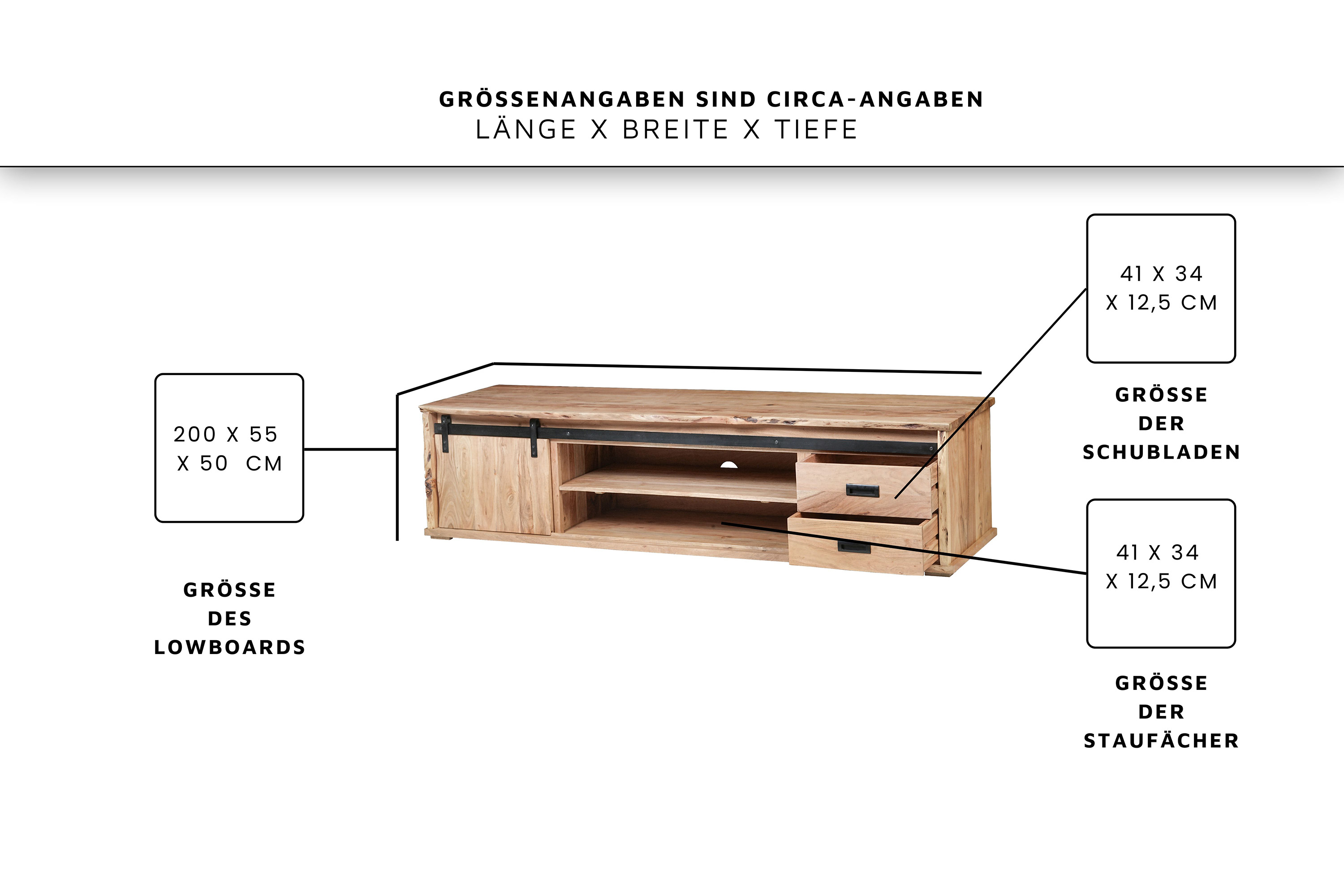 Lowboard Baumkante 200 x 55 x 50 cm Akazienholz massiv naturfarben LIAN II