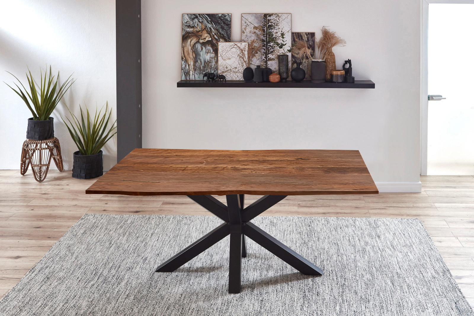  Esstisch Baumkante massiv Akazie nussbaum 120 cm Spider-Gestell schwarz QUINCY