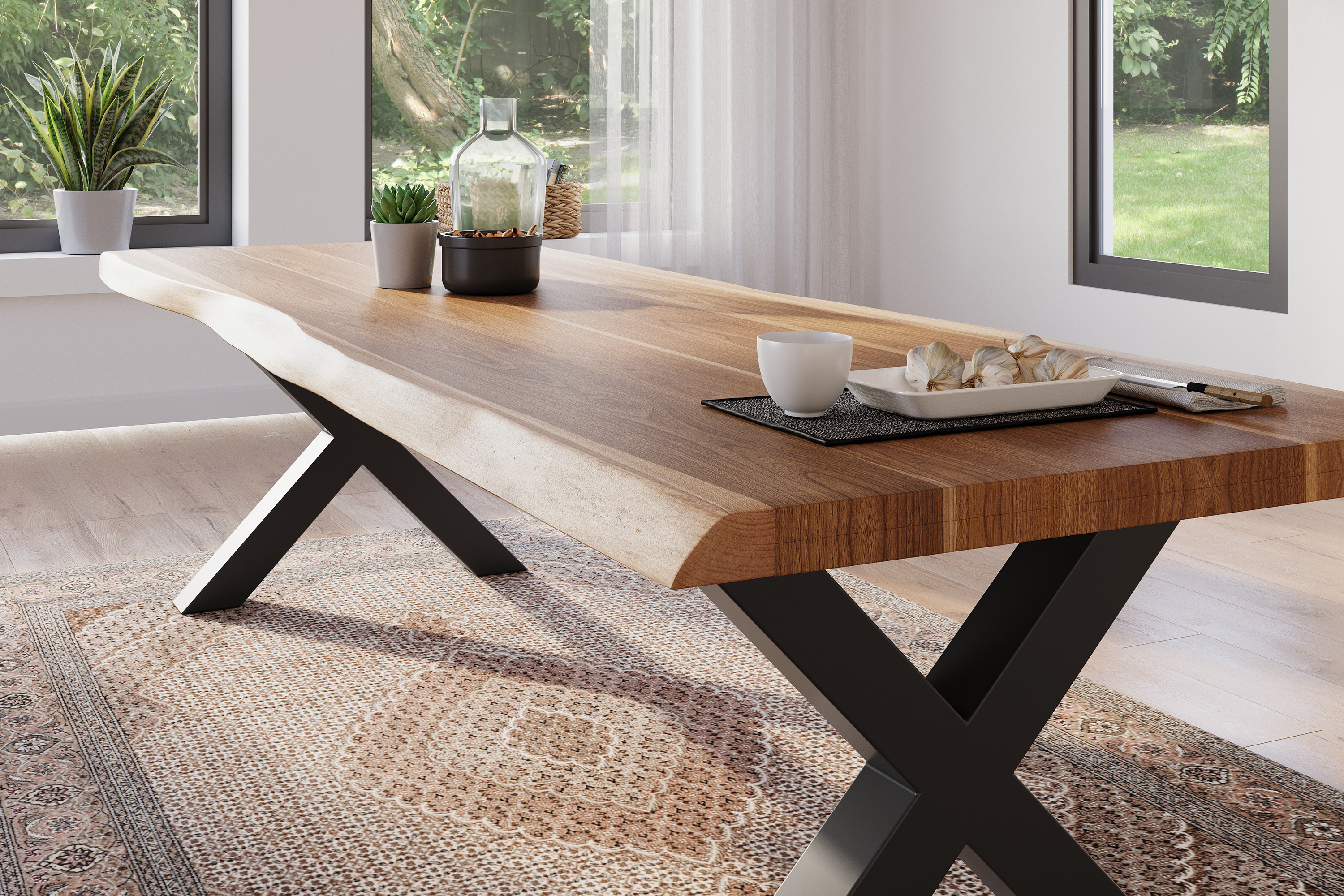 Esstisch Baumkante massiv Mango rough 300 x 100 X-Gestell schwarz ATLAS