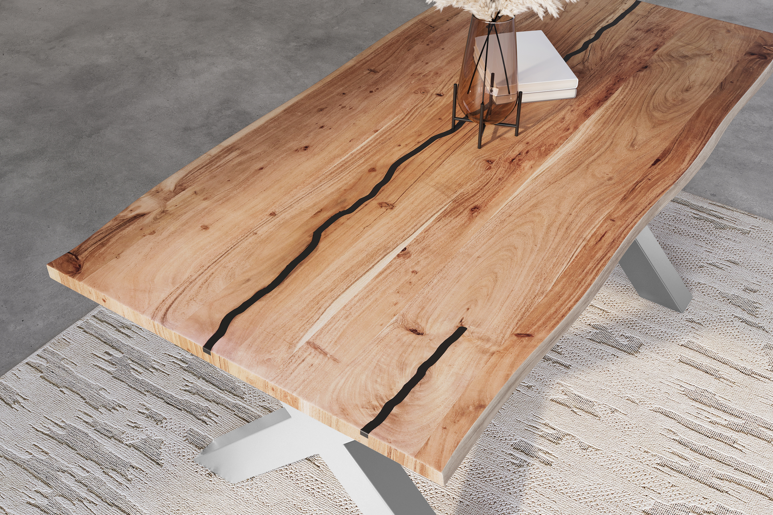 Baumkantentisch Akazie mit schwarzen Resin-Adern naturfarben 120 x 80 cm X-Gestell silber POLLY