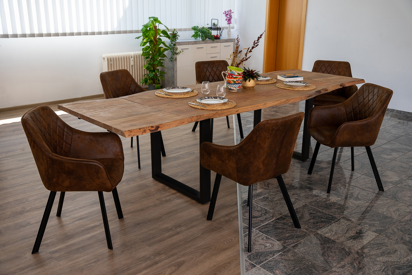  Esstisch Baumkante Akazie stone 180 (280) x 90 mit Ansteckplatten BARCELONA