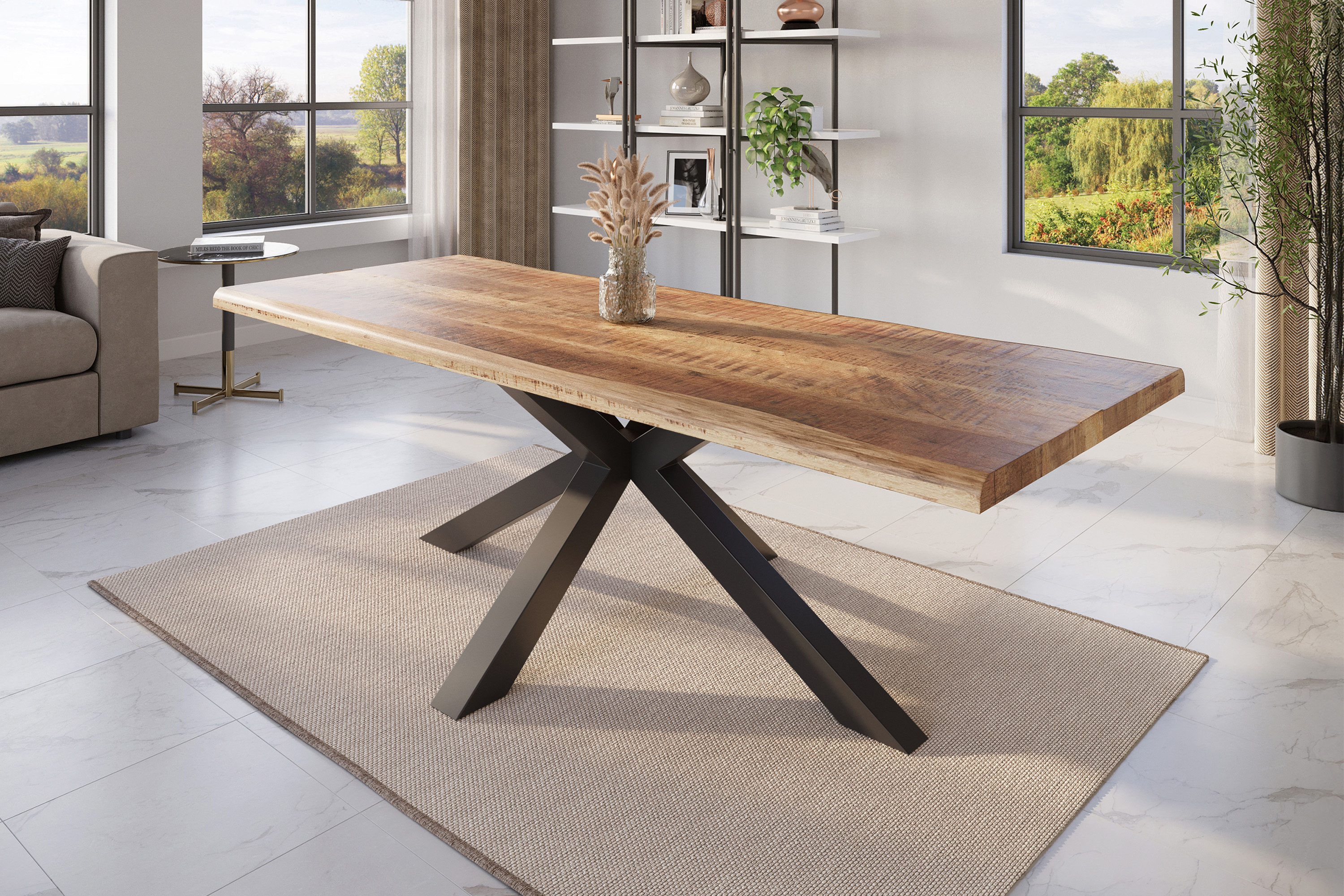 Esstisch Baumkante massiv Mango rough 280 x 100 Spider-Gestell schwarz ATLAS