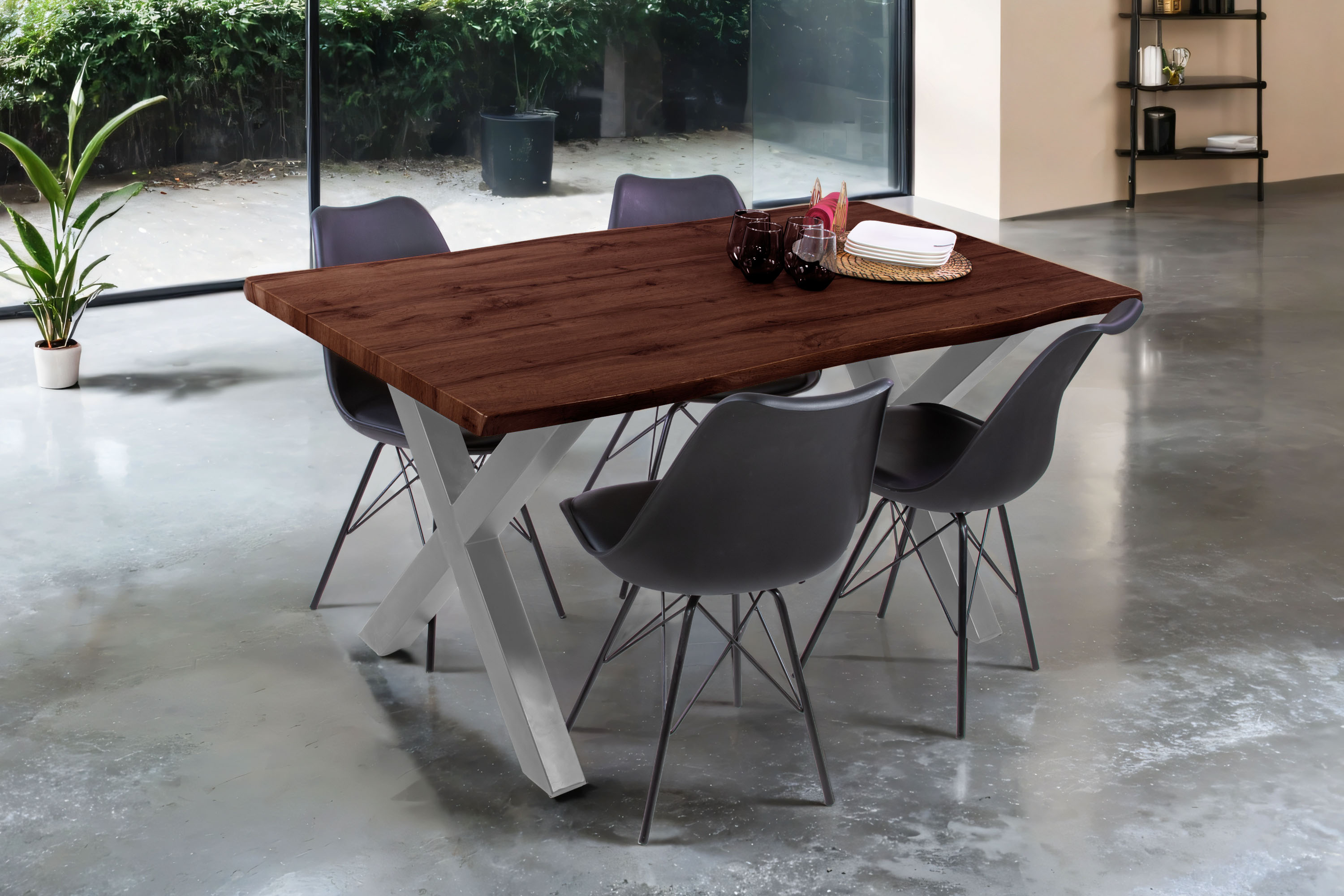 Esstisch Baumkante Holz-Optik Nussbaum 160 x 85 X-Gestell silber JOSY