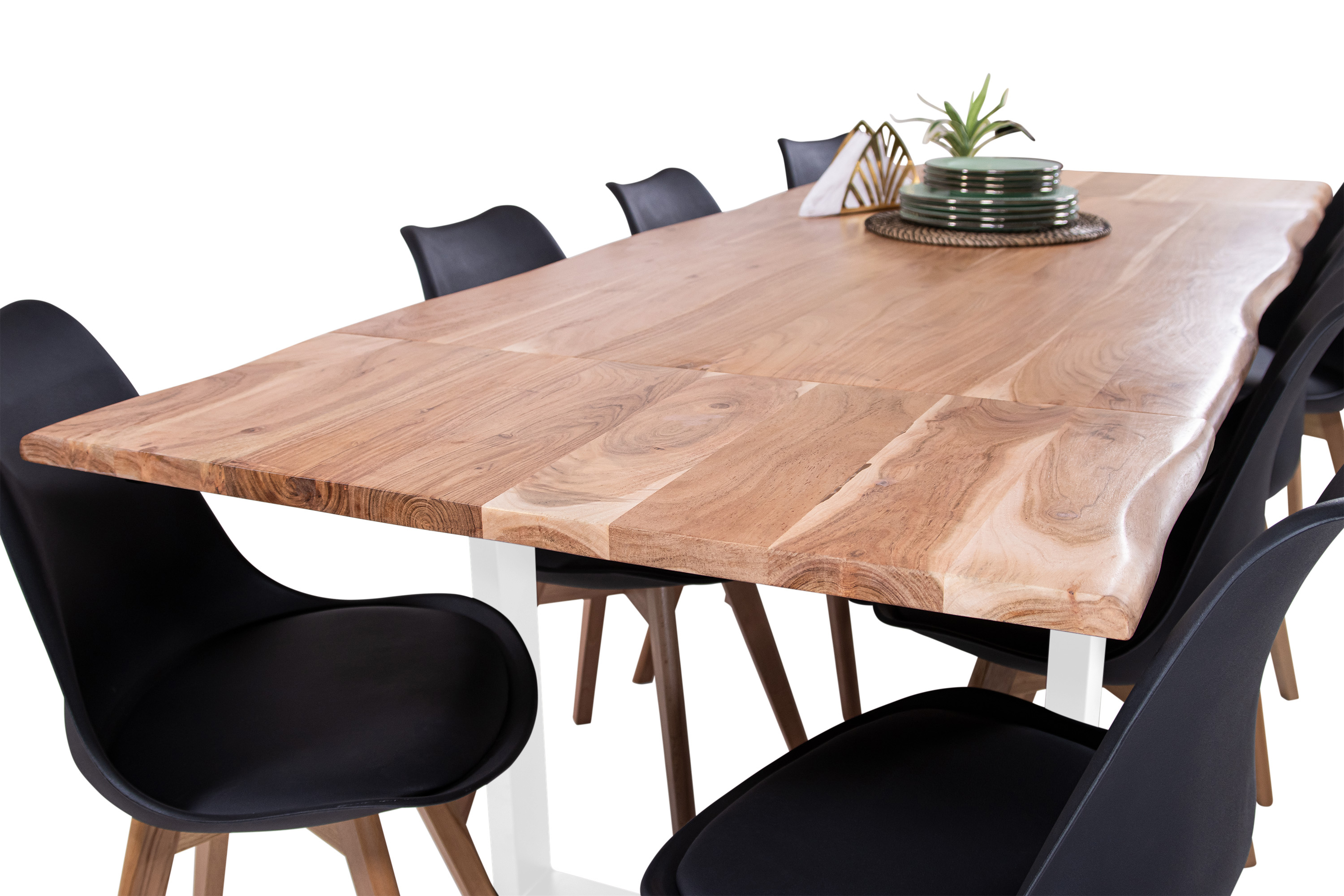 Esstisch Baumkante Akazie natur 140(220)x90 Ansteckplatten U-Gestell weiß AVINO