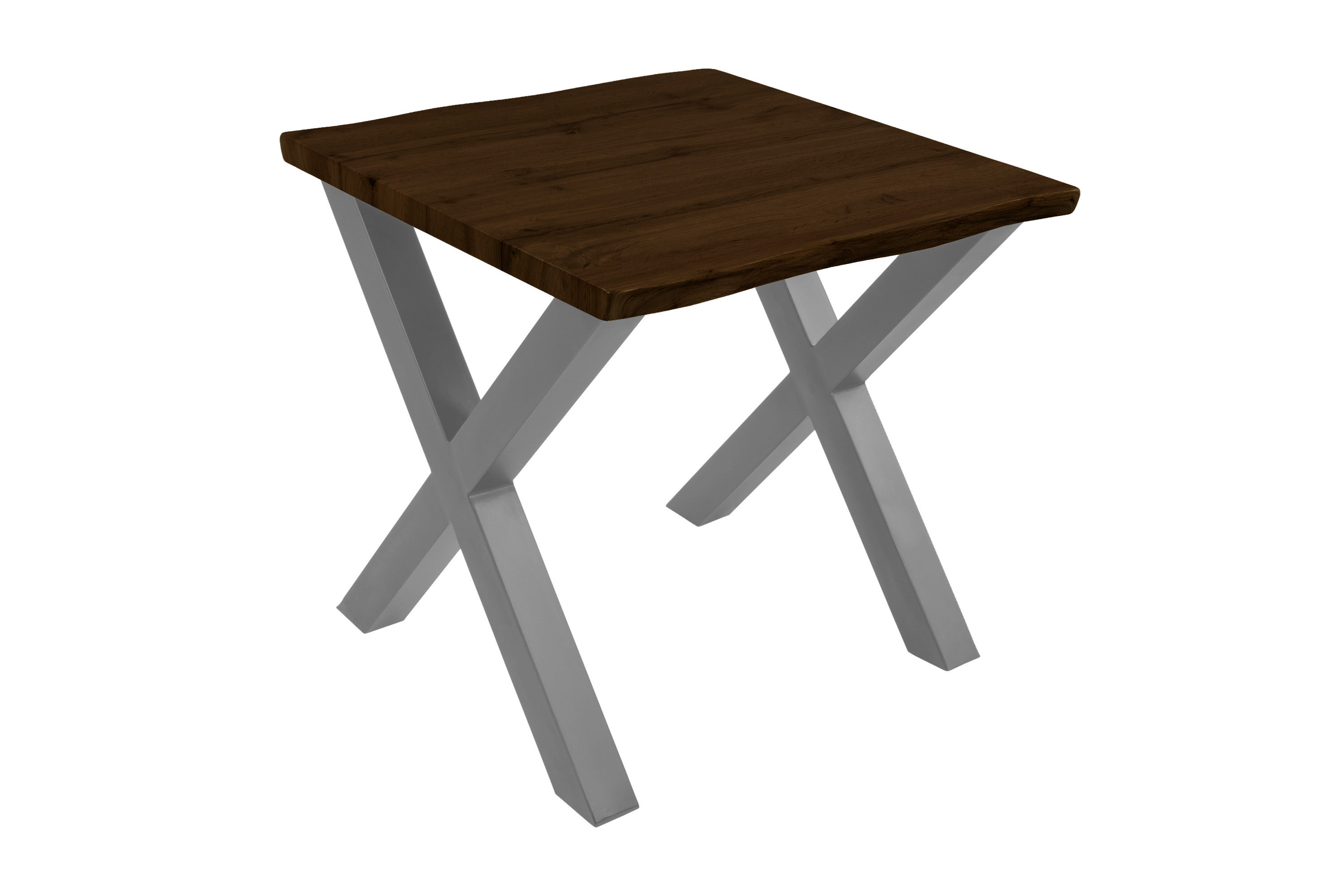 Esstisch Baumkante Holz-Optik Nussbaum 80 x 80 X-Gestell silber JOSY
