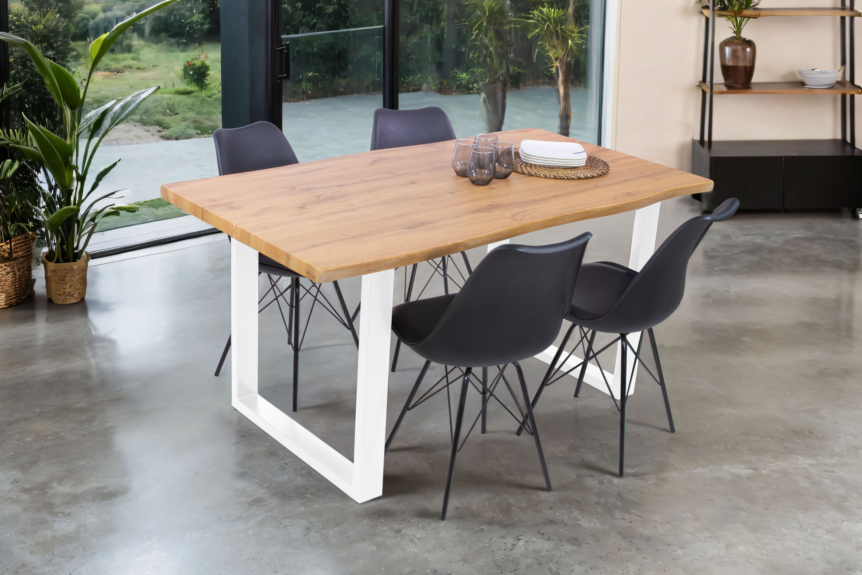 Esstisch Baumkante Holz-Optik Wildeiche 160 x 85 U-Gestell weiß DUA