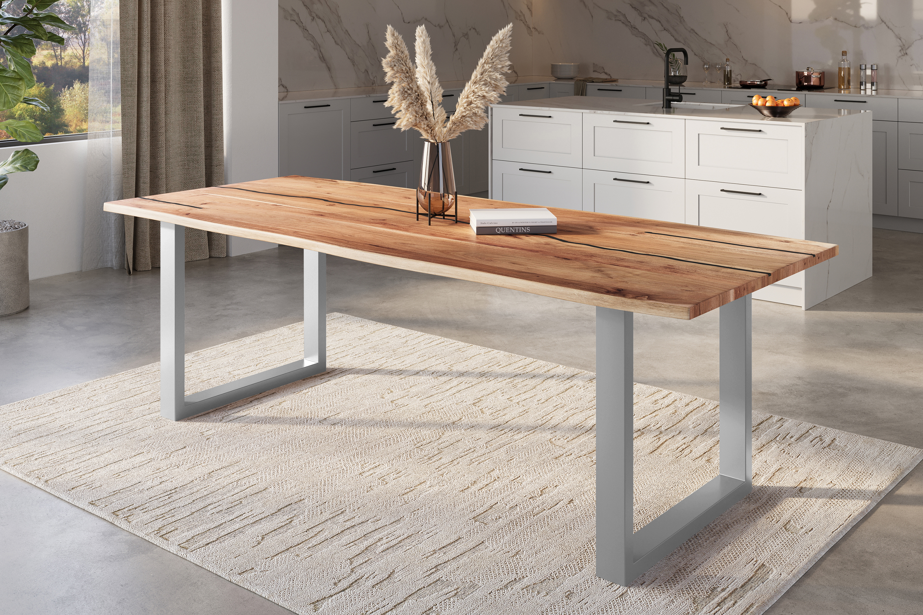Baumkantentisch Akazie mit schwarzen Resin-Adern naturfarben 260 x 100 cm U-Gestell silber POLLY