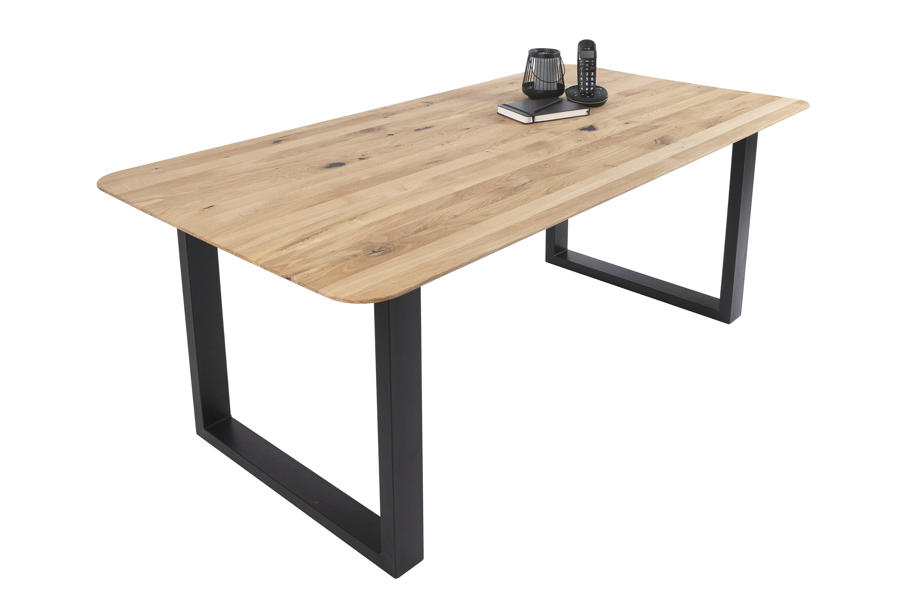 Esszimmertisch Schweizer Kante rund massiv & geölt Eiche 200x100 schwarz U-Gestell Lotte