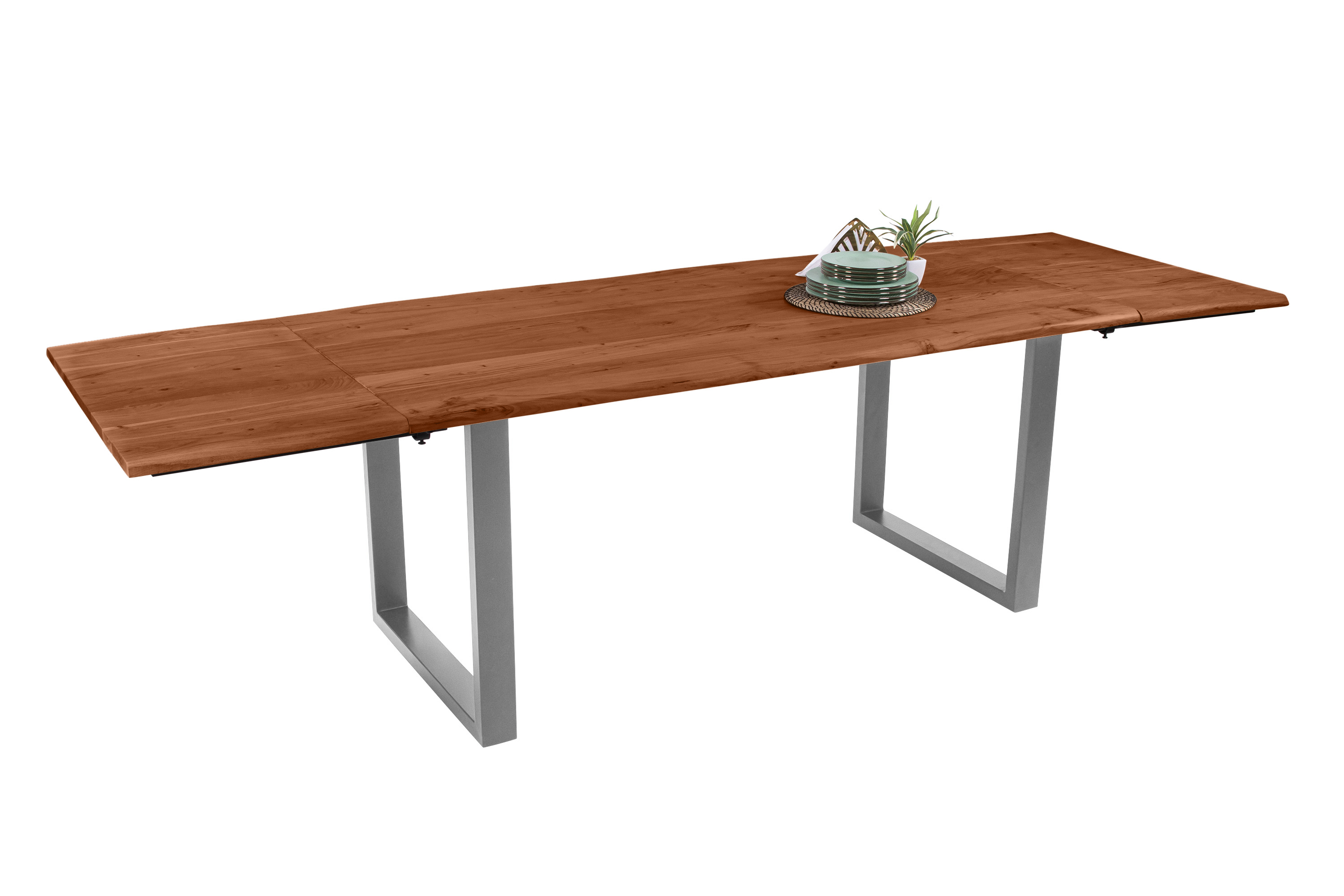 Esstisch Baumkante Akazie nuss 160(260)x90 Ansteckplatten U-Gestell silber AVINO