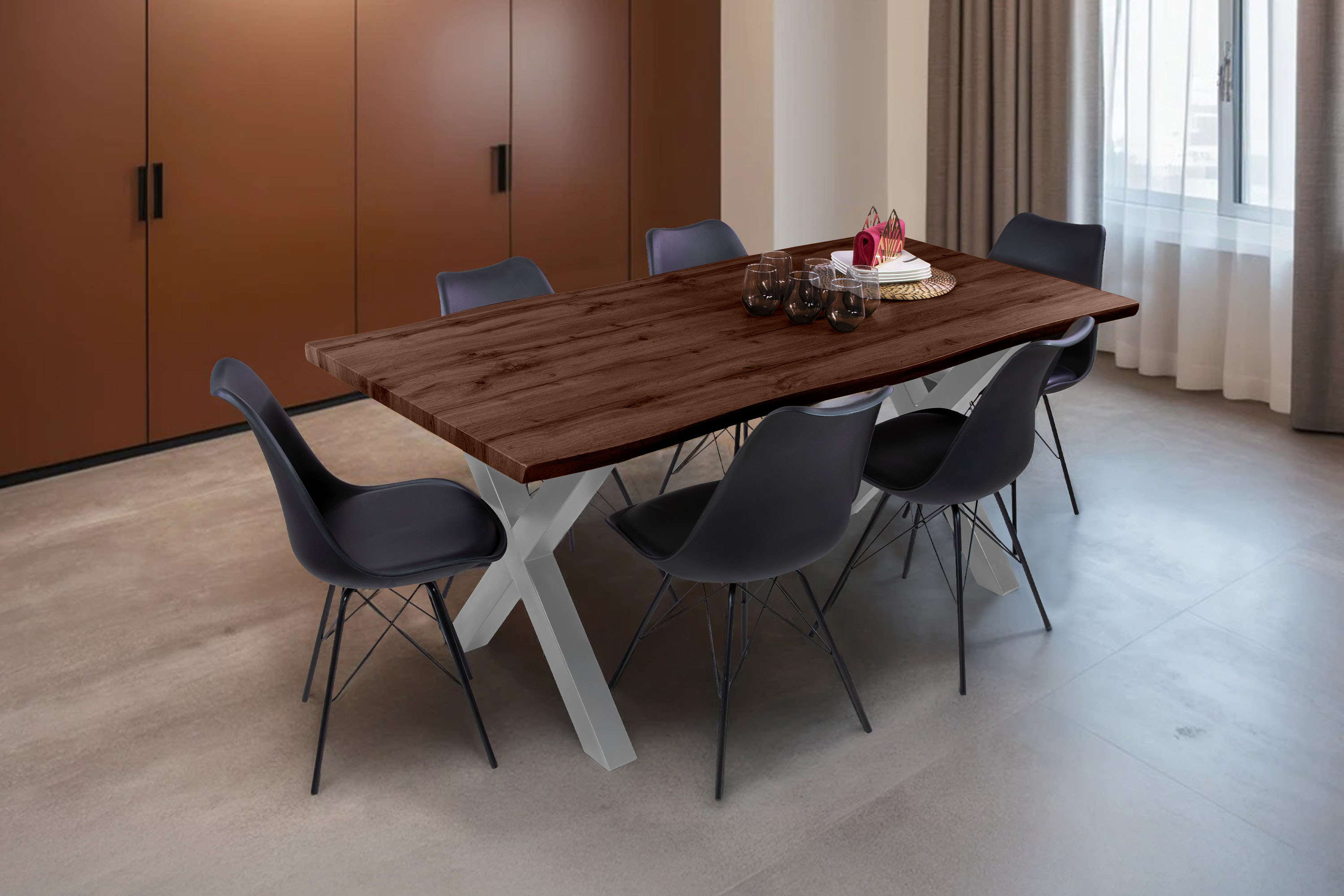 Esstisch Baumkante Holz-Optik Nussbaum 180 x 90 X-Gestell silber JOSY