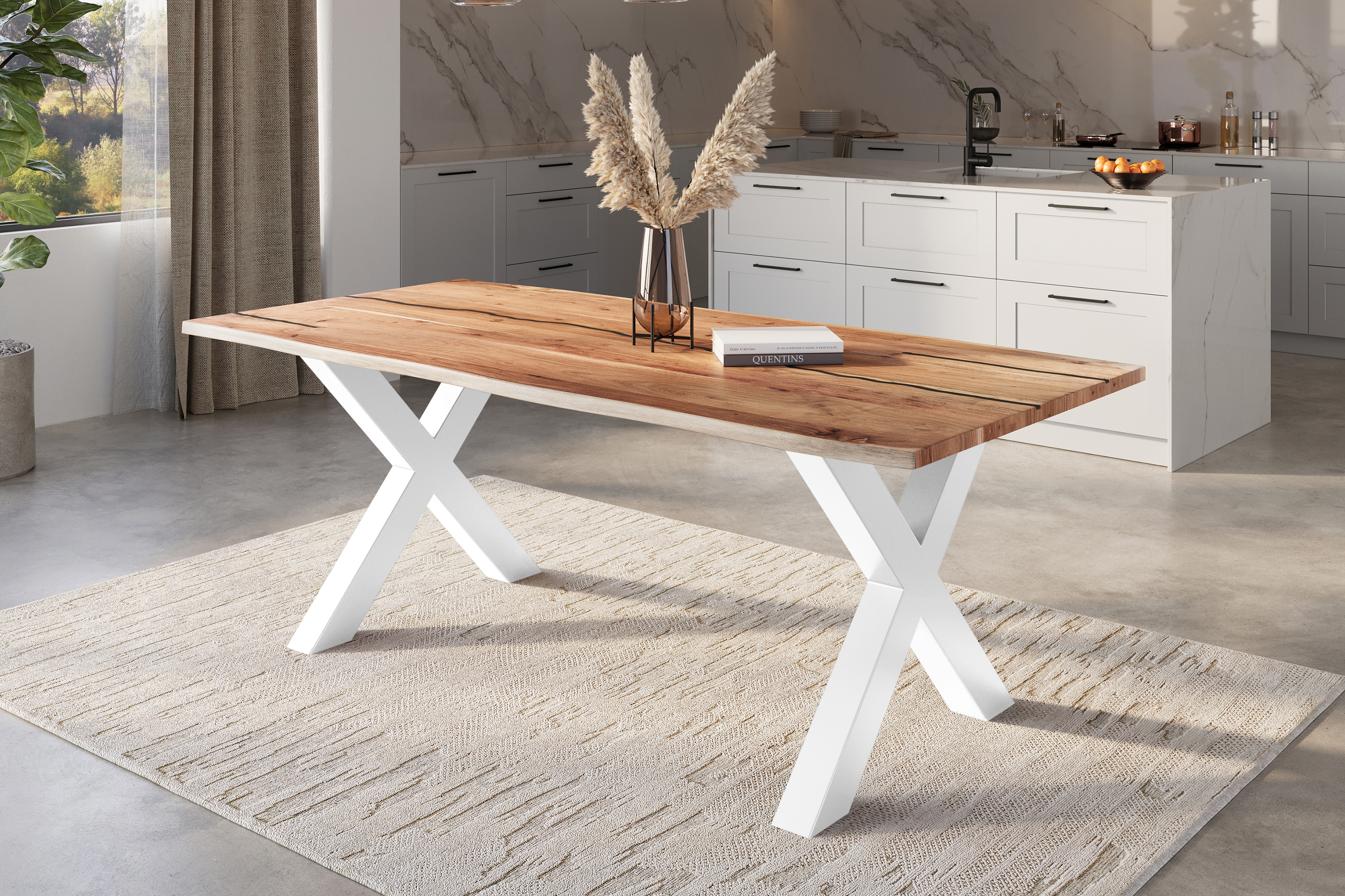 Baumkantentisch Akazie mit schwarzen Resin-Adern naturfarben 240 x 100 cm X-Gestell weiß POLLY