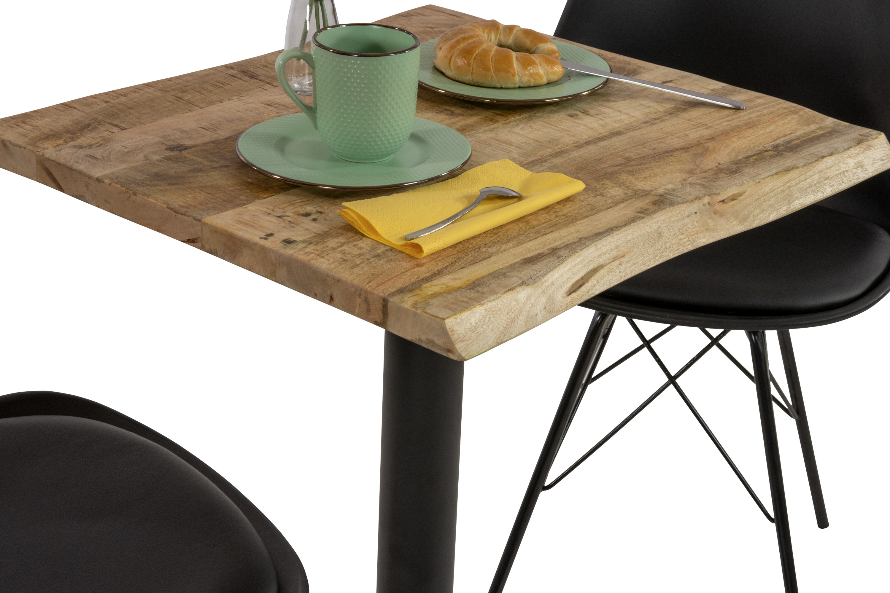 Bistrotisch Baumkante massiv 60 x 60 cm Mango rough schwarz Säulengestell INES