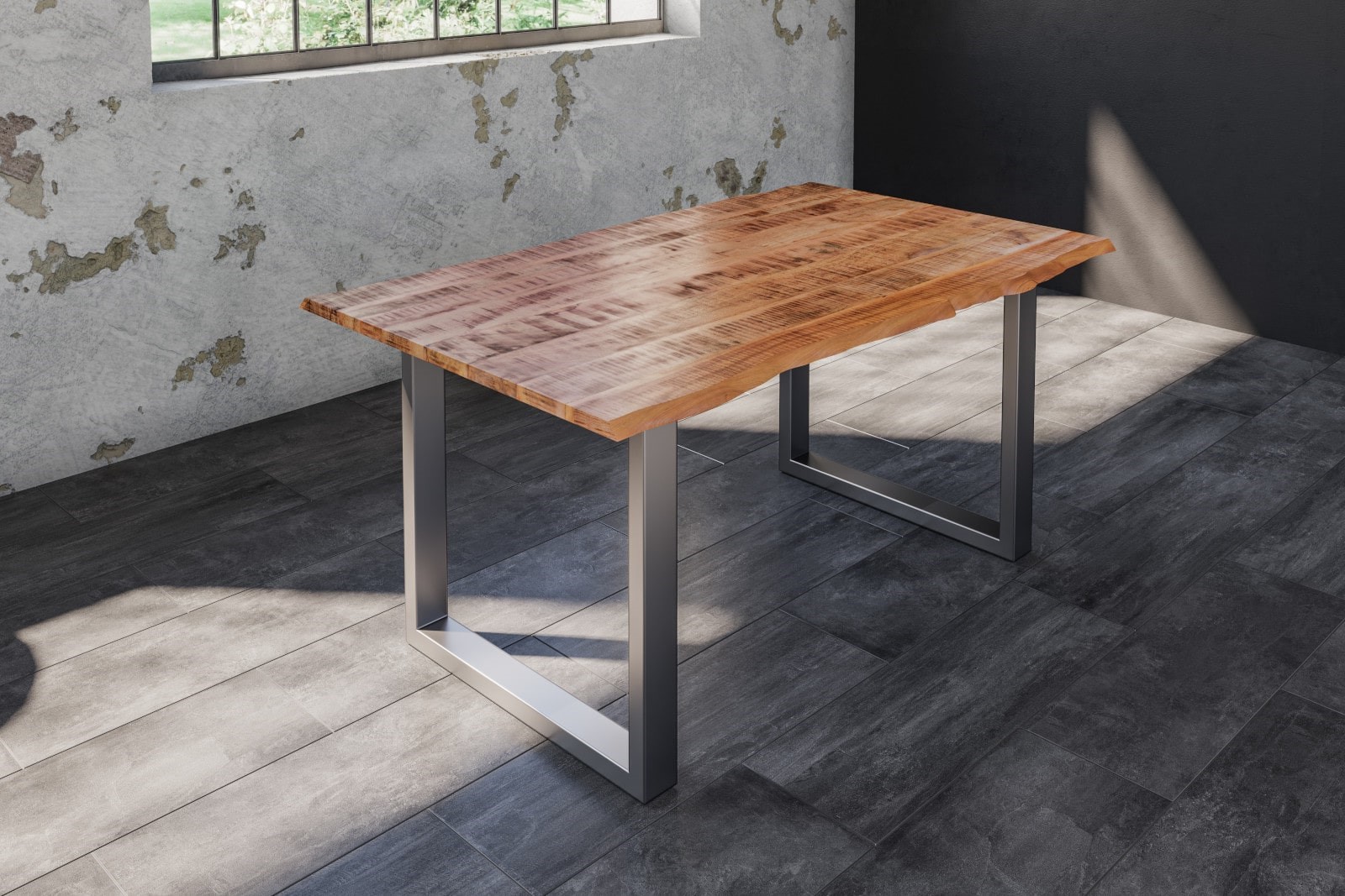 Esstisch Baumkante Massiv Mango naturfarben 120 x 80 silber U-Gestell DORA