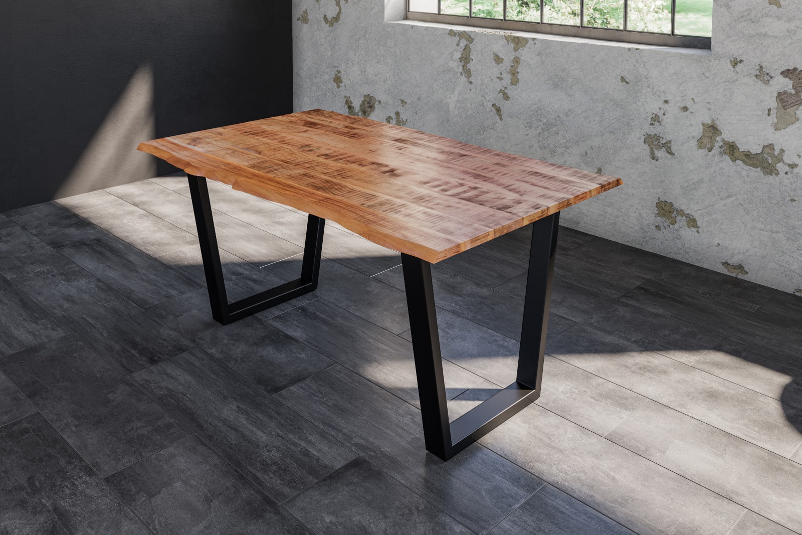 Essgruppe 140 cm Mango naturfarben V-Gestell schwarz mit 6 Stühlen DORA