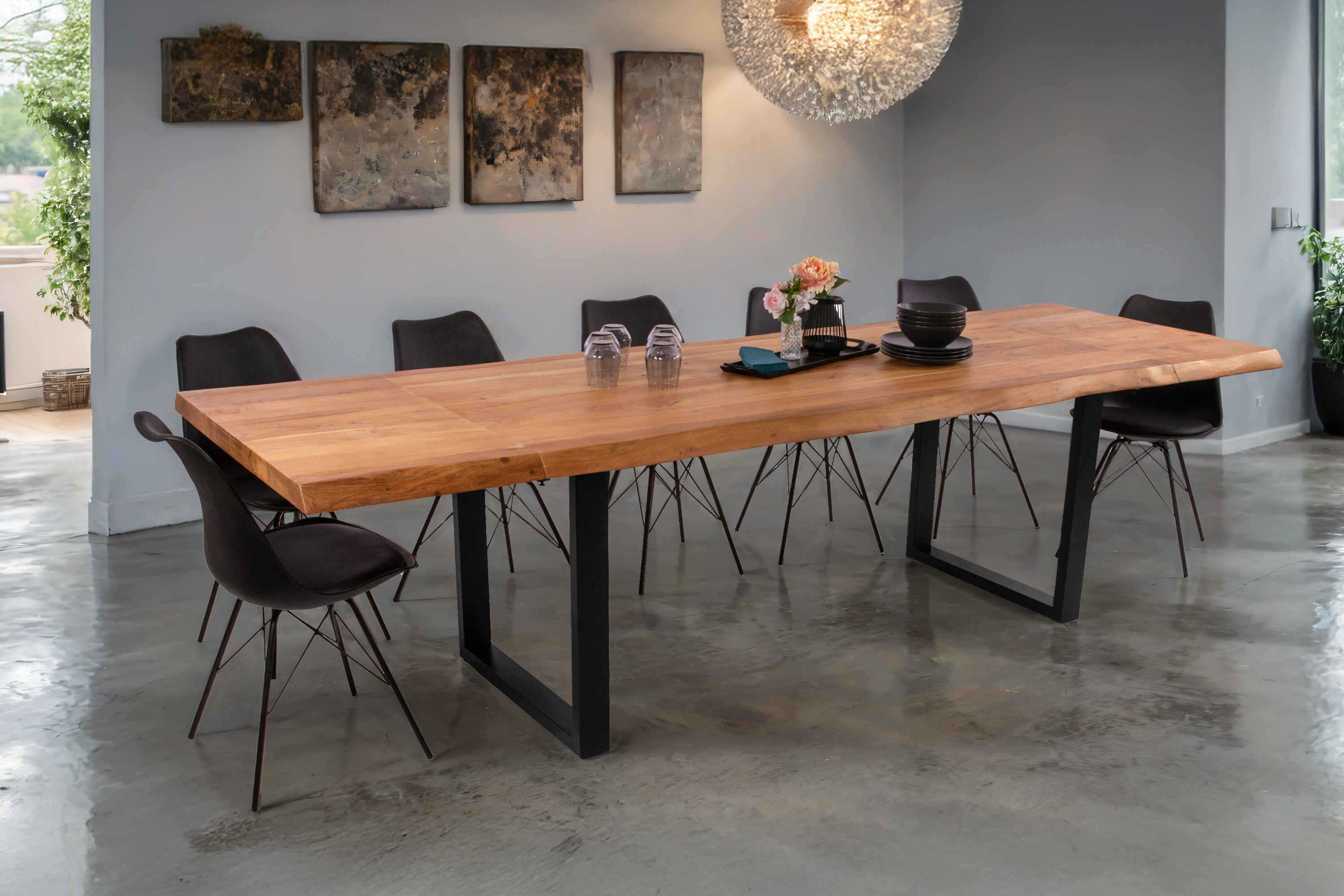 Esstisch Baumkante Akazie natur 180 (280) x 90 U-Gestell schwarz mit Ansteckplatten CALI