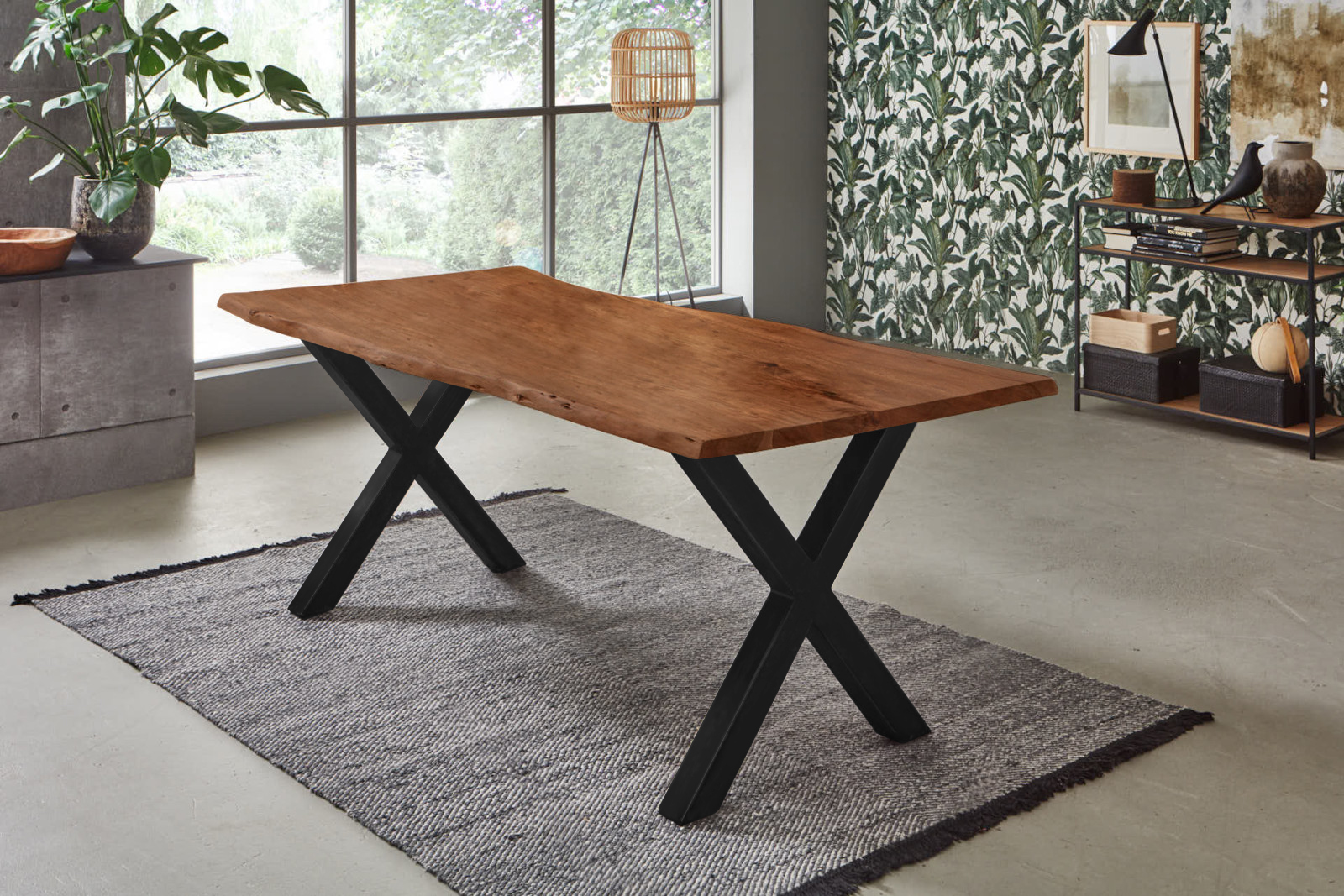 Esstisch Baumkante Akazie nussbaumfarben 140 x 80 cm X-Gestell schwarz FREDERIK