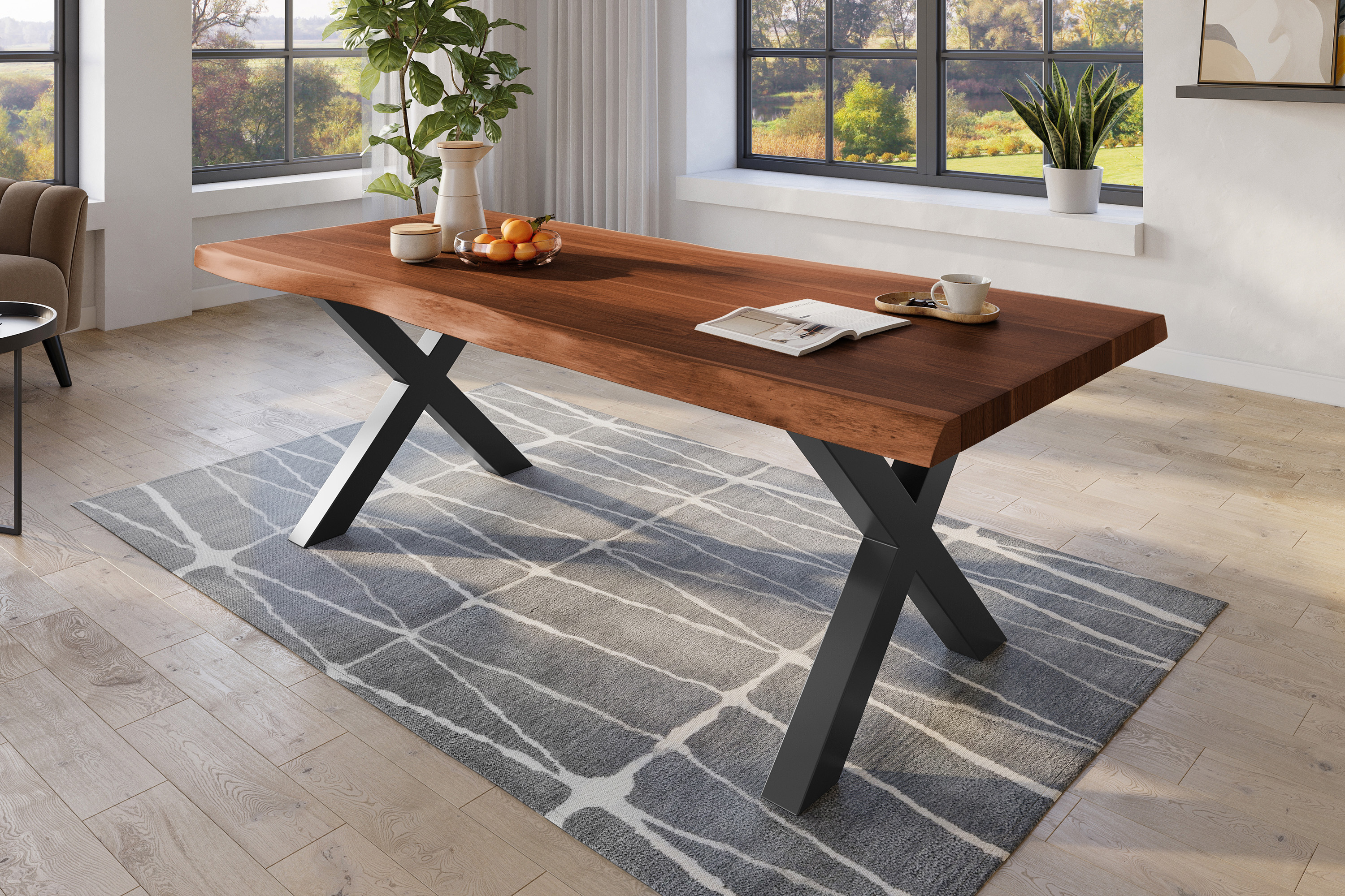 Esstisch Baumkante massiv Akazie nussbaumfarben 240 x 110 X-Gestell Metall schwarz TITAN