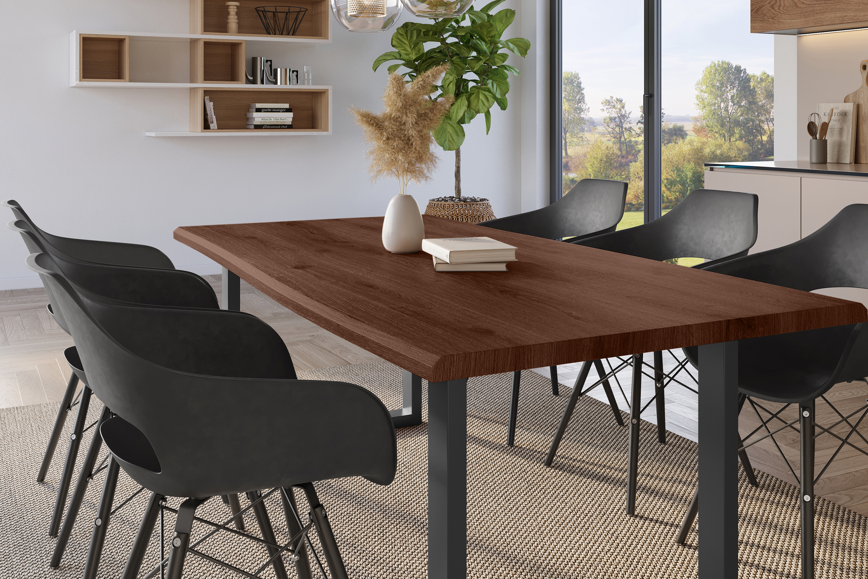 Esstisch Baumkante Holz-Optik Nussbaum 200 x 100 U-Gestell schwarz JULIUS
