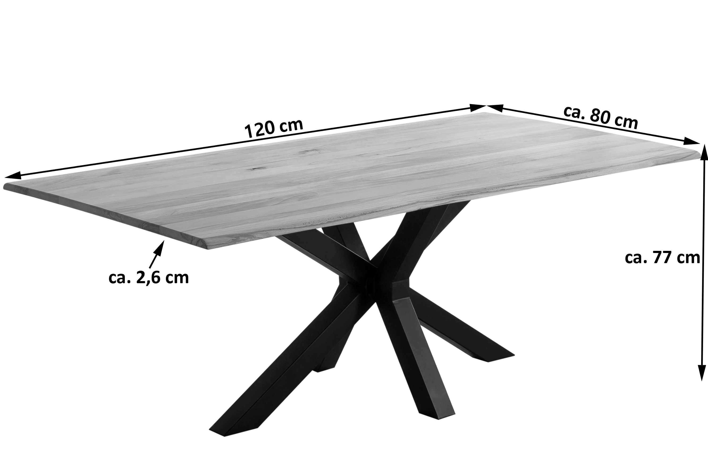 Esstisch Baumkante Massiv Wildbuche 120 x 80 schwarz Spider-Gestell Gent