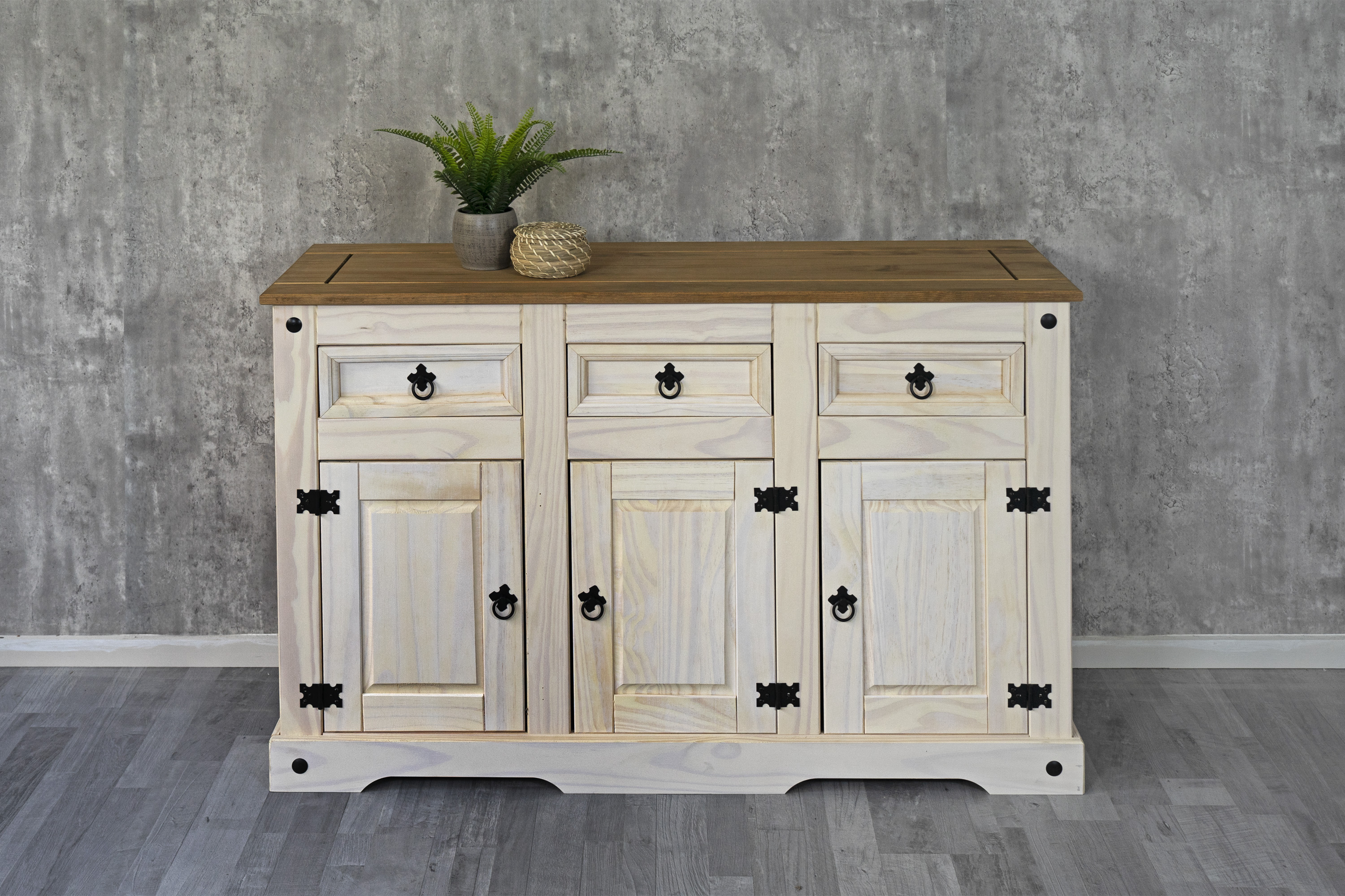  Sideboard Kommode 132 x 84 x 44 cm Pinienholz weiß hongifarben lasiert MEXICO