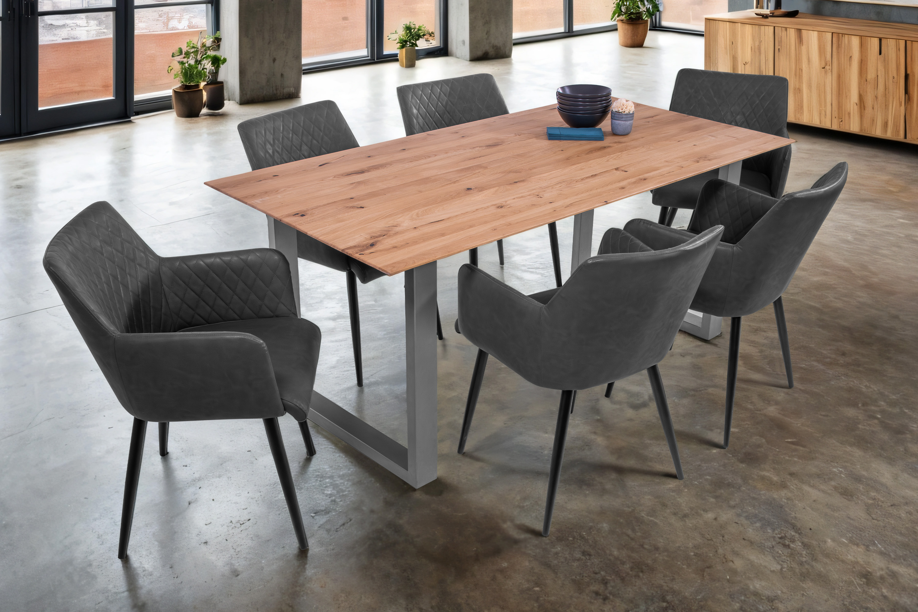 Esszimmertisch Schweizer Kante eckig massiv & geölt Eiche 200x100 silber U-Gestell Lotte
