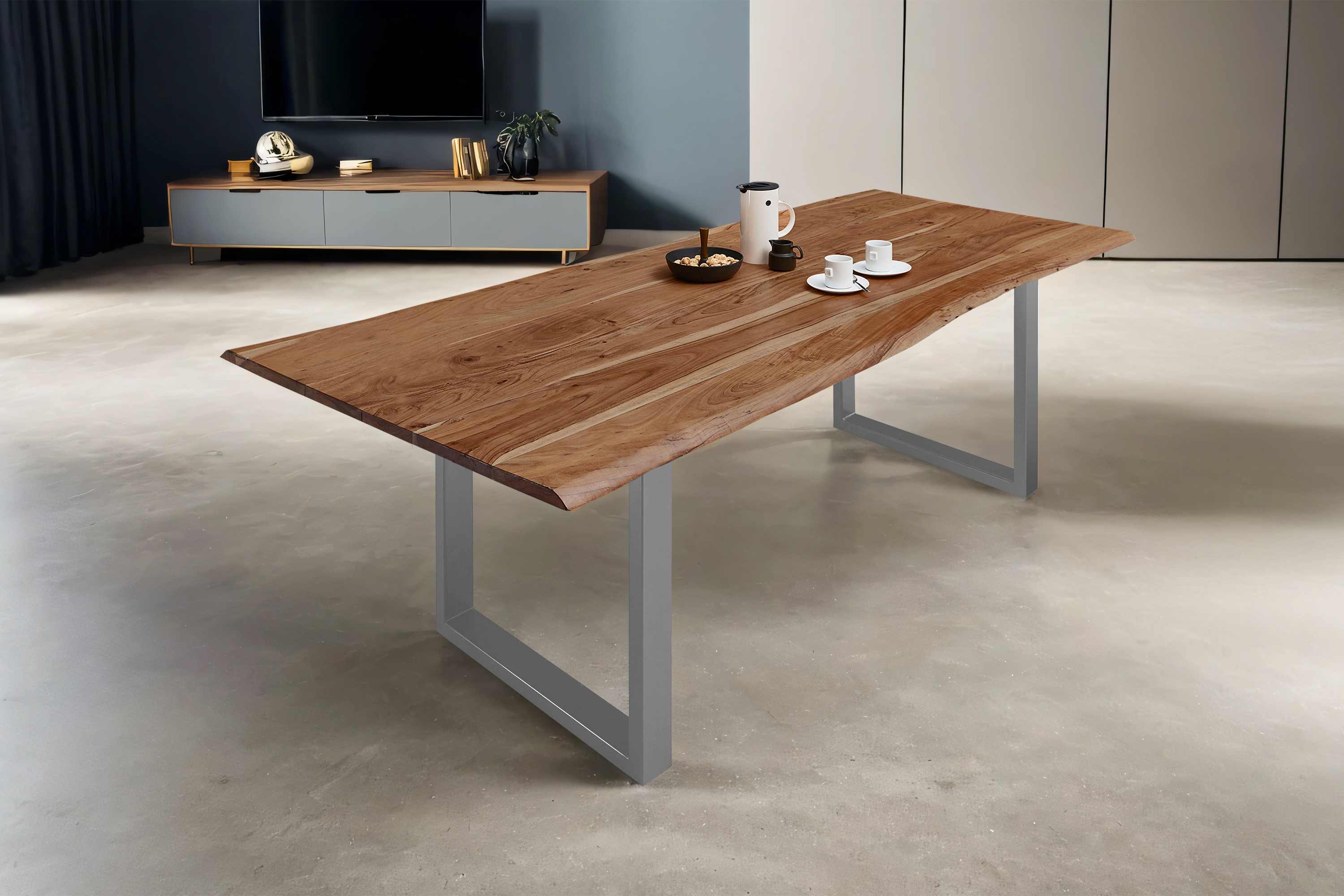 Esstisch Baumkante massiv Akazie natur 280 x 100 silber MILO