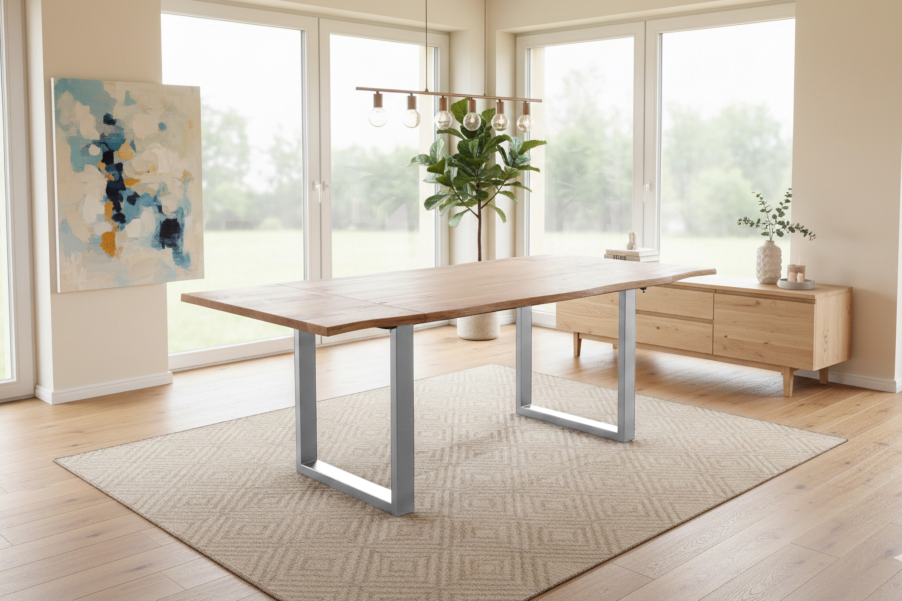 Esstisch Baumkante Akazie natur 140(220)x90 Ansteckplatten U-Gestell silber AVINO