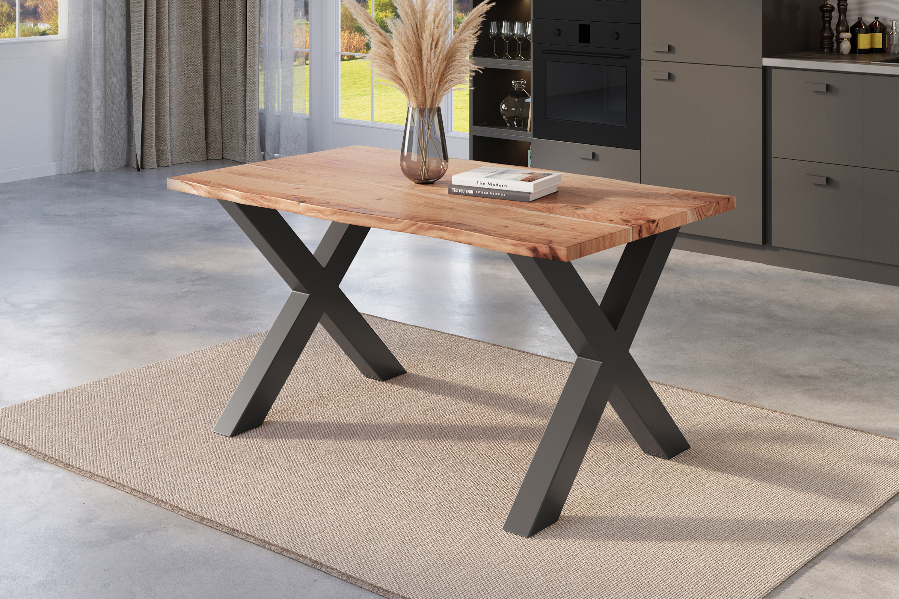 Esstisch Baumkante massiv Akazie natur 160 x 85 schwarz X-Gestell NICK