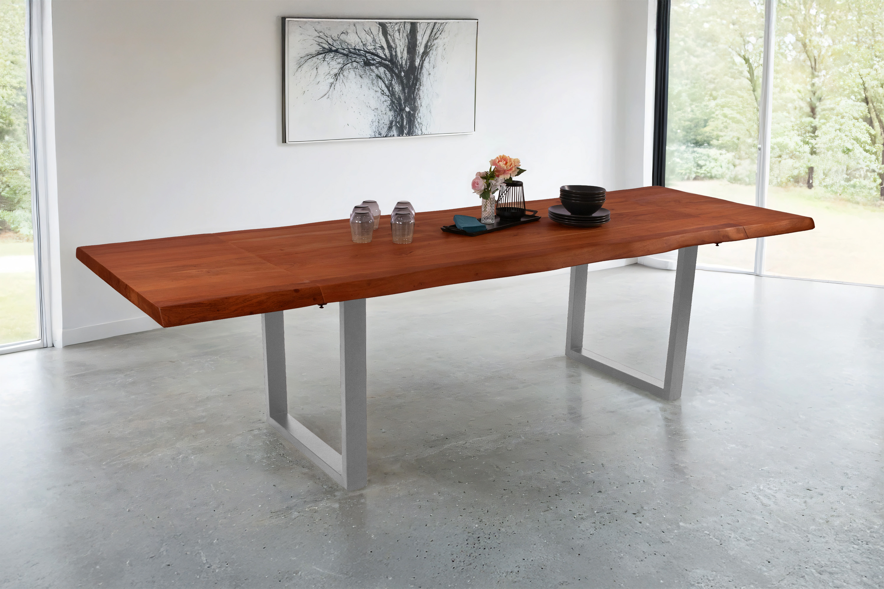 Esstisch Baumkante Akazie nuss 180 (280) x 90 U-Gestell silber mit Ansteckplatten CALI