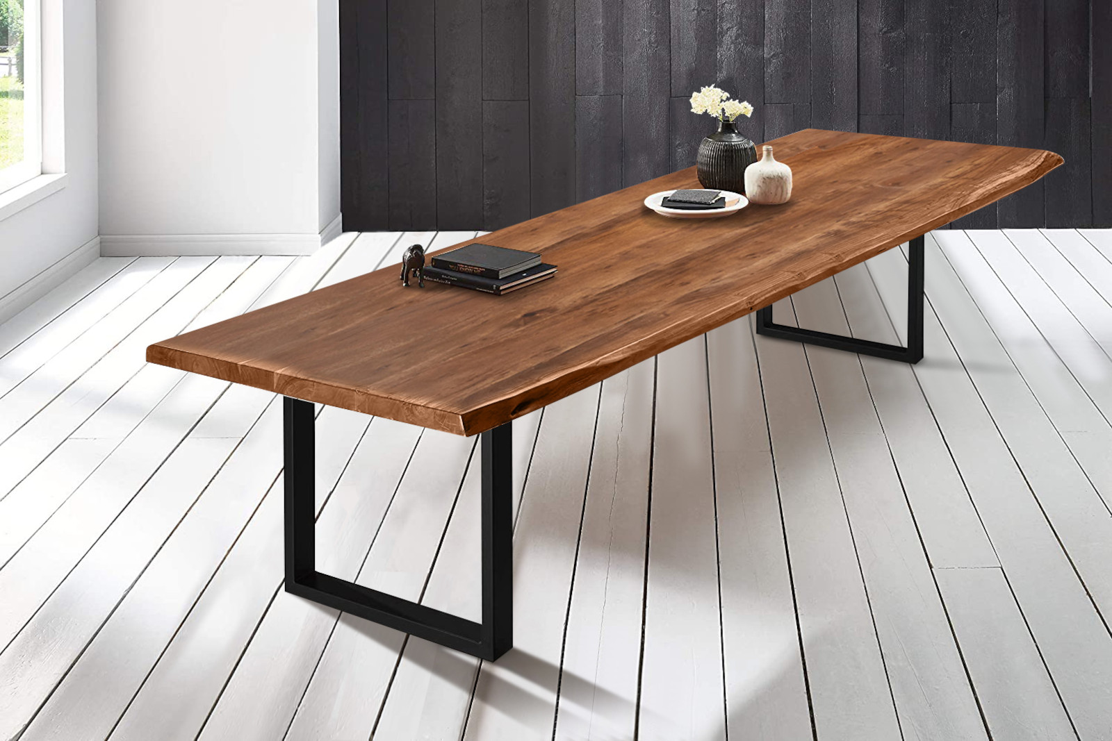  Esstisch Baumkante massiv Akazie nussbaumfarben 300 x 110 schwarz VALIN