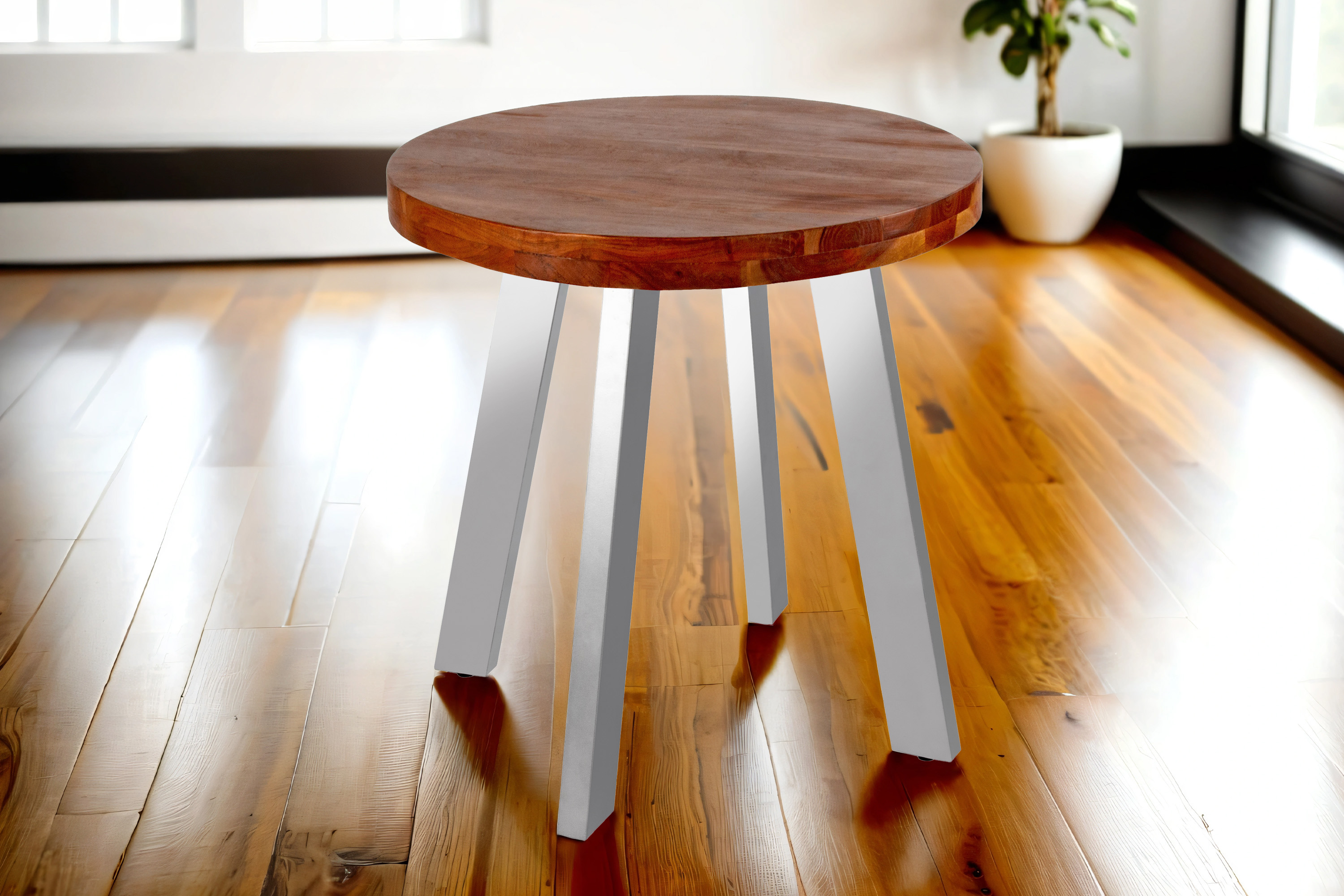 Esszimmertisch rund 100 cm Akazienholz nussbaumfarben silber SOPHIA