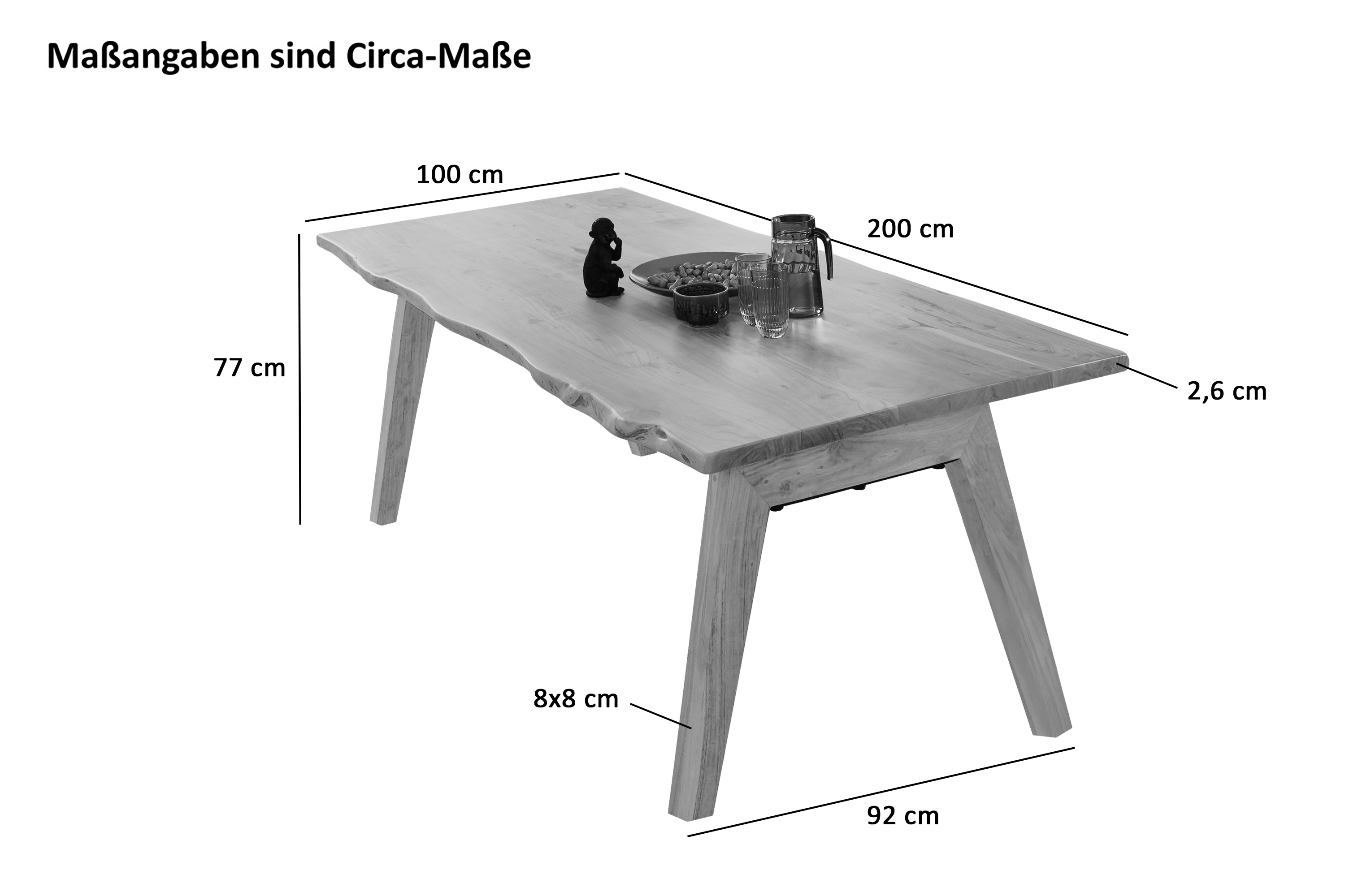 Esstisch Baumkante massiv Akazie natur 200 x 100 A-Holzgestell naturfarben NELE