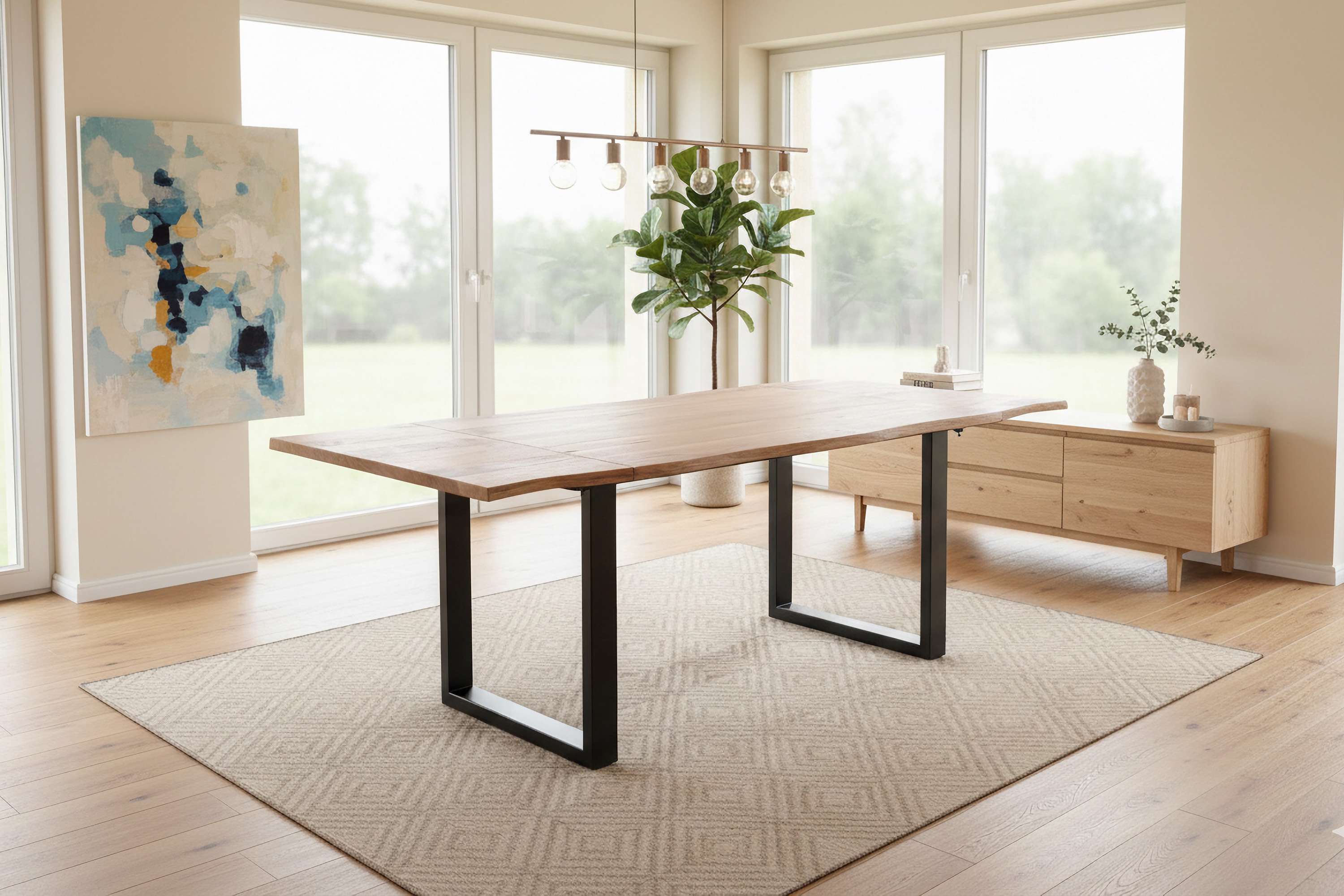 Esstisch Baumkante Akazie natur 140(220)x90 Ansteckplatten U-Gestell schwarz AVINO