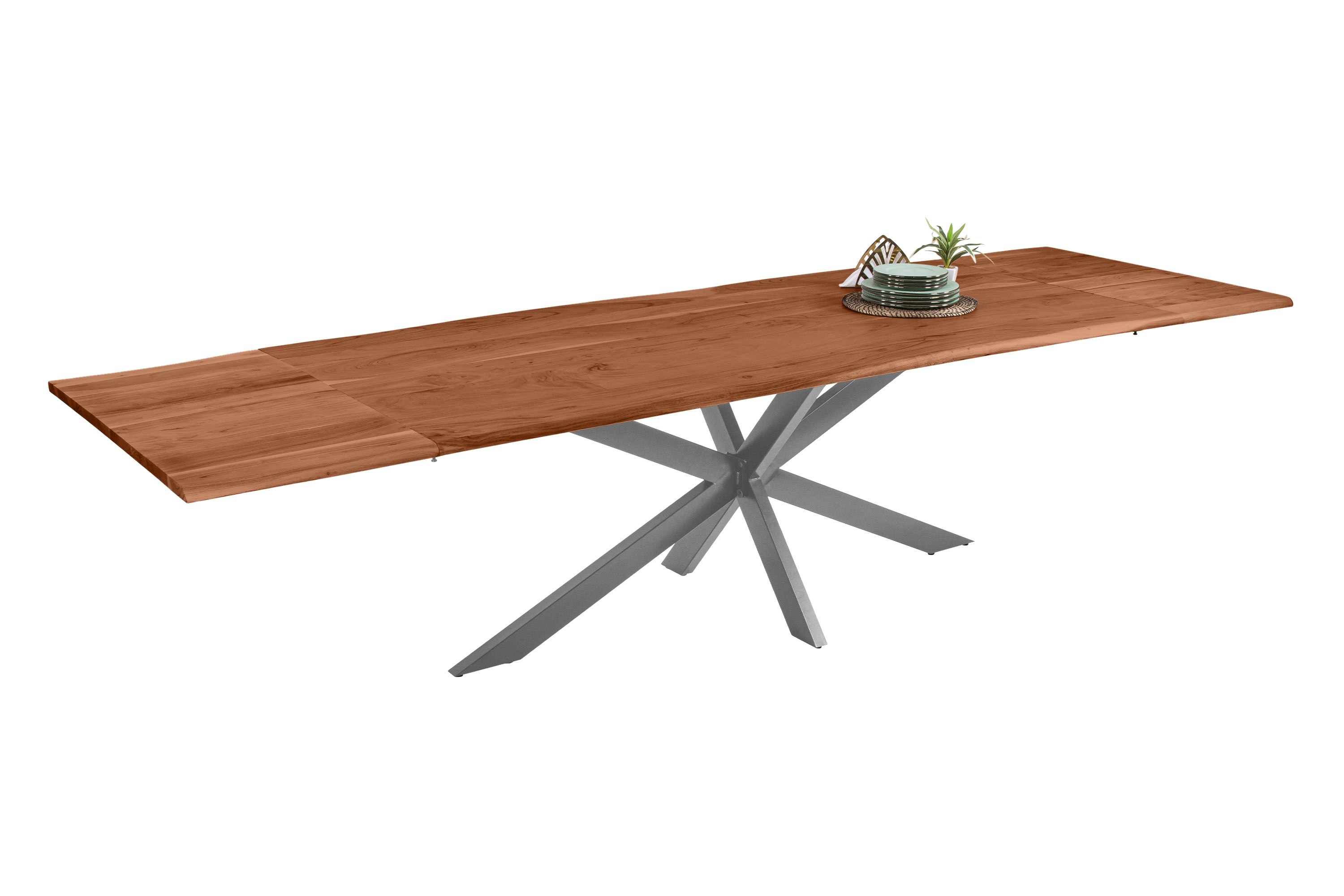 Esstisch Baumkante Akazie nuss 200(300)x100 Ansteckplatten Spider-Gestell silber AVINO