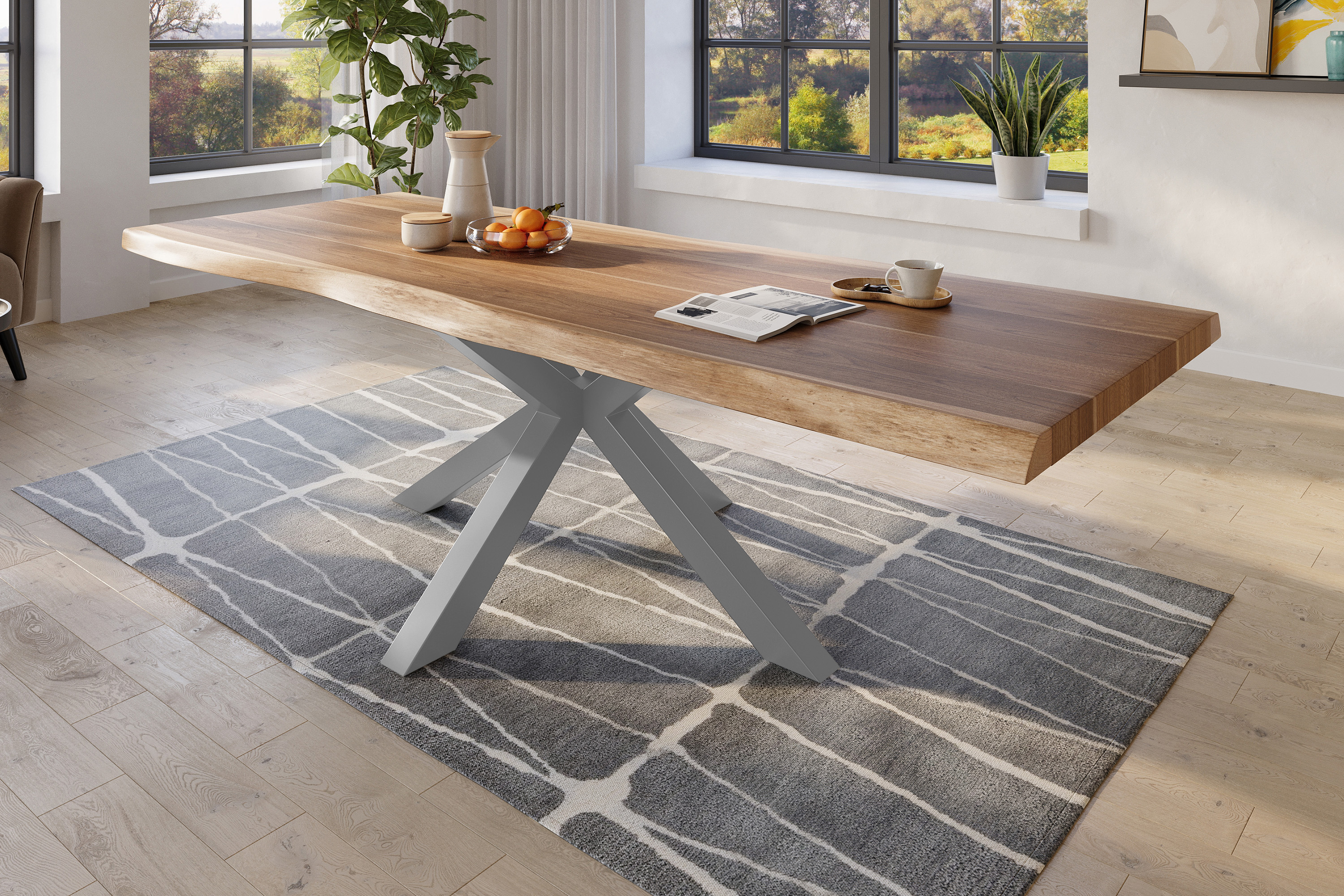 Esstisch Baumkante massiv Akazie natur 260 x 120 Spider-Gestell Metall silber TITAN
