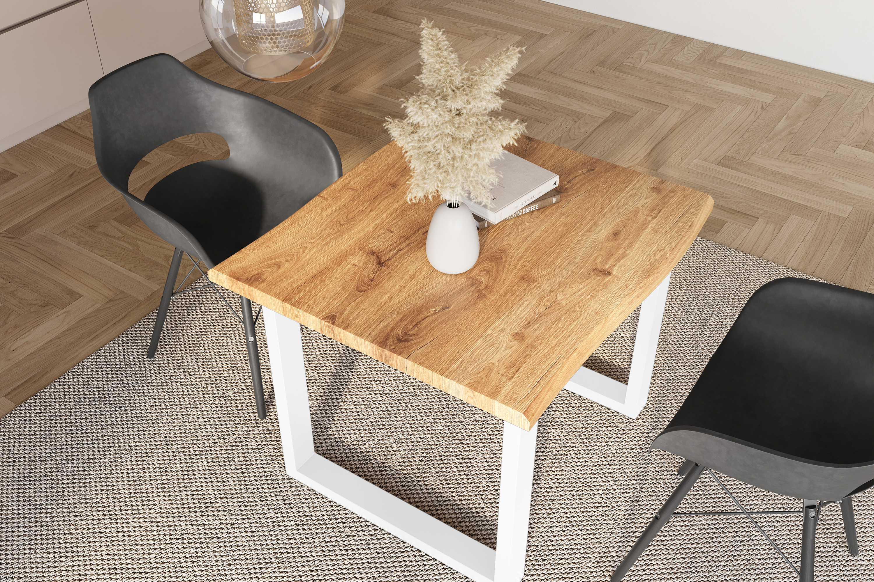 Esstisch Baumkante Holz-Optik Wildeiche 80 x 80 U-Gestell weiß JULIUS