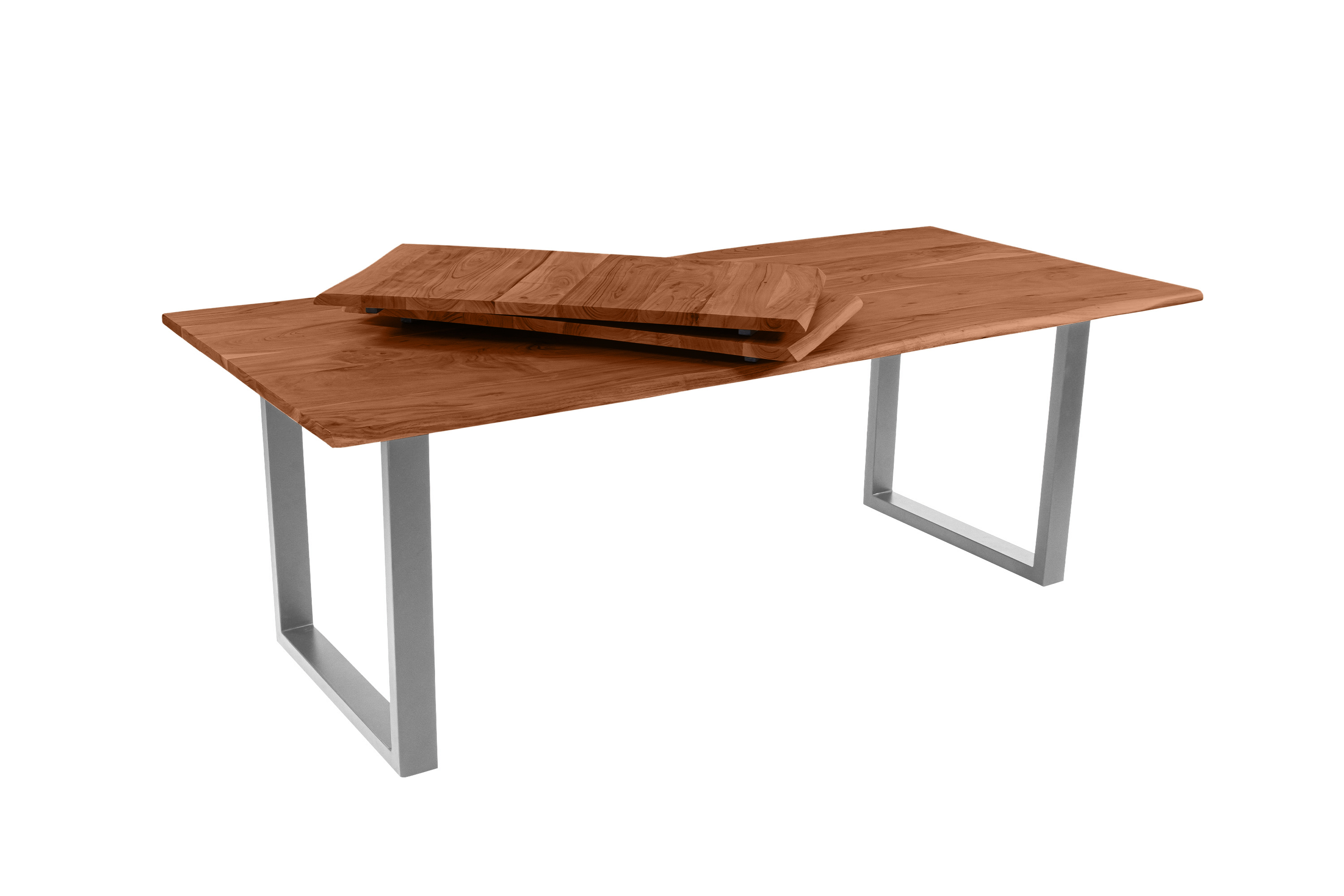 Esstisch Baumkante Akazie nuss 220(320)x100 Ansteckplatten U-Gestell silber AVINO