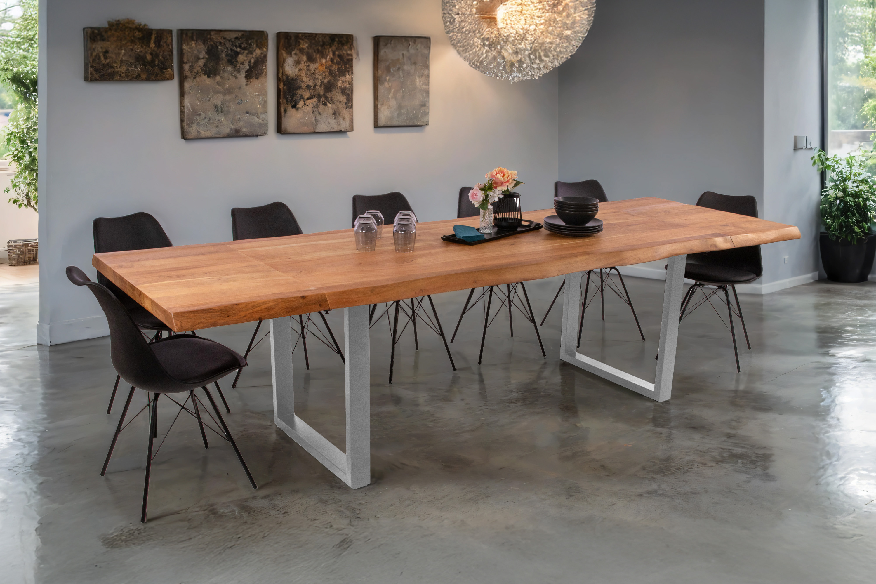 Esstisch Baumkante Akazie natur 140 (220) x 90 cm U-Gestell silber mit Ansteckplatten CALI