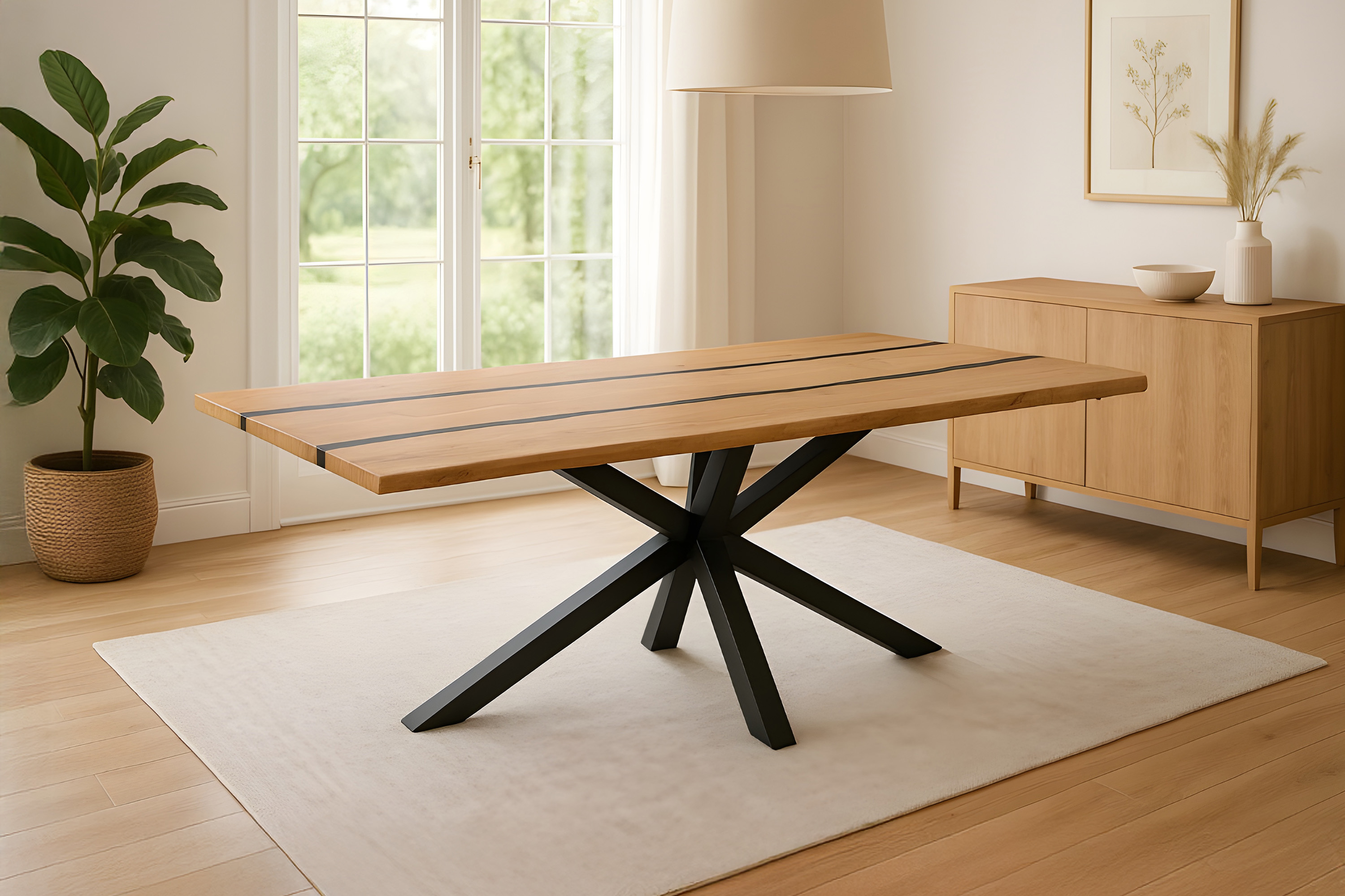 Esstisch 200 x 100 cm Akazie massiv natur mit schwarzen Resin-Adern Spider-Gestell schwarz PETER