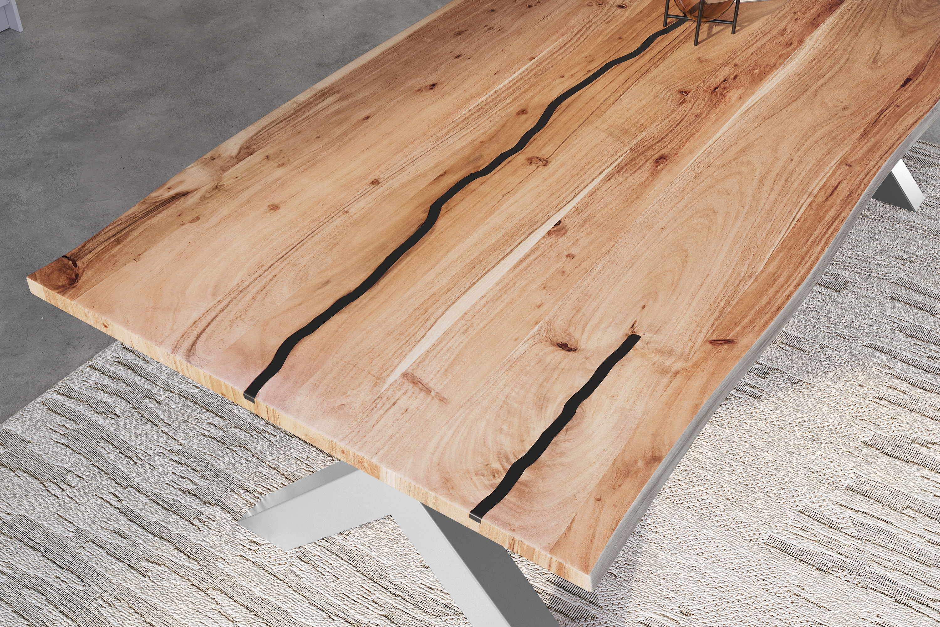 Baumkantentisch Akazie mit schwarzen Resin-Adern naturfarben 260 x 100 cm X-Gestell silber POLLY