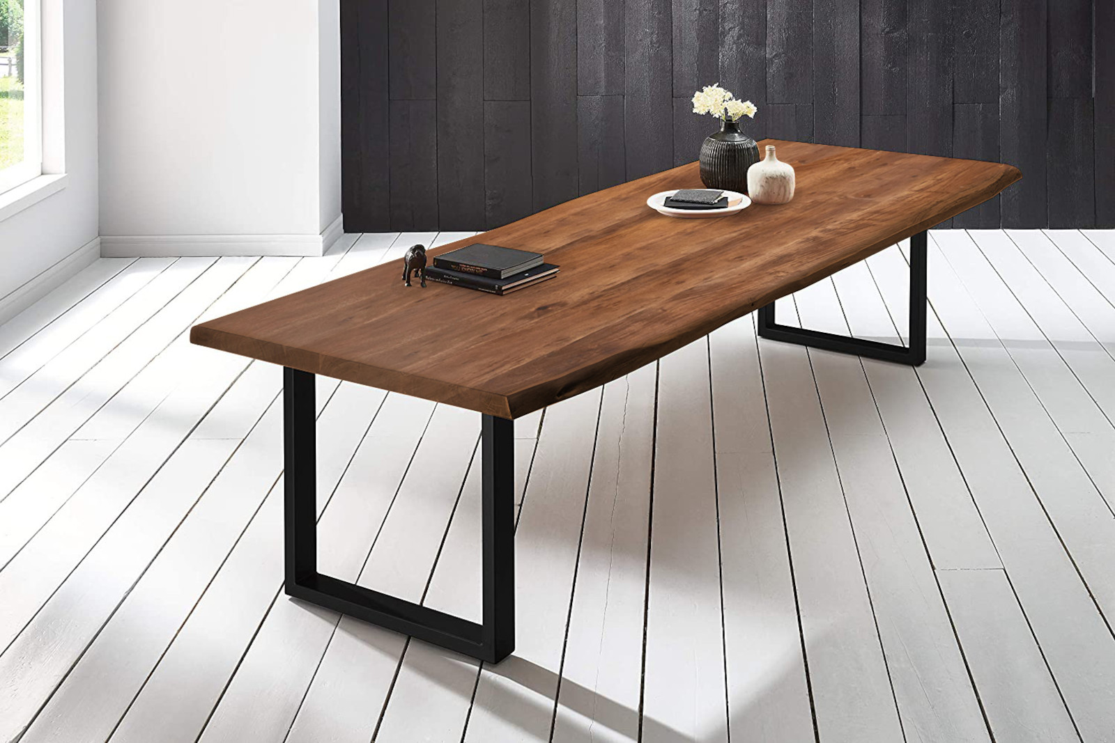  Esstisch Baumkante massiv Akazie nussbaumfarben 260 x 120 schwarz VALIN