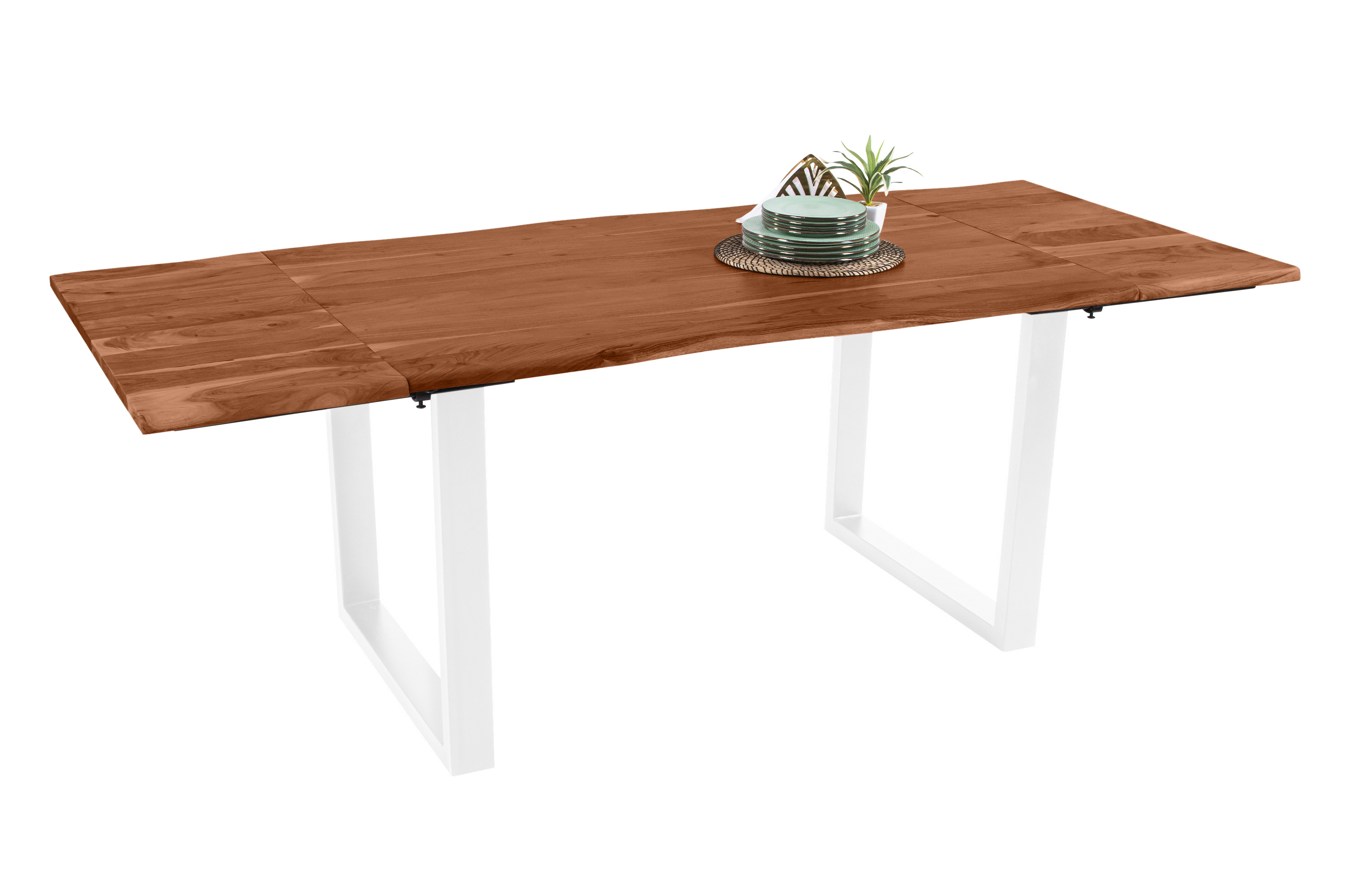 Esstisch Baumkante Akazie nuss 140(220)x90 Ansteckplatten U-Gestell weiß AVINO