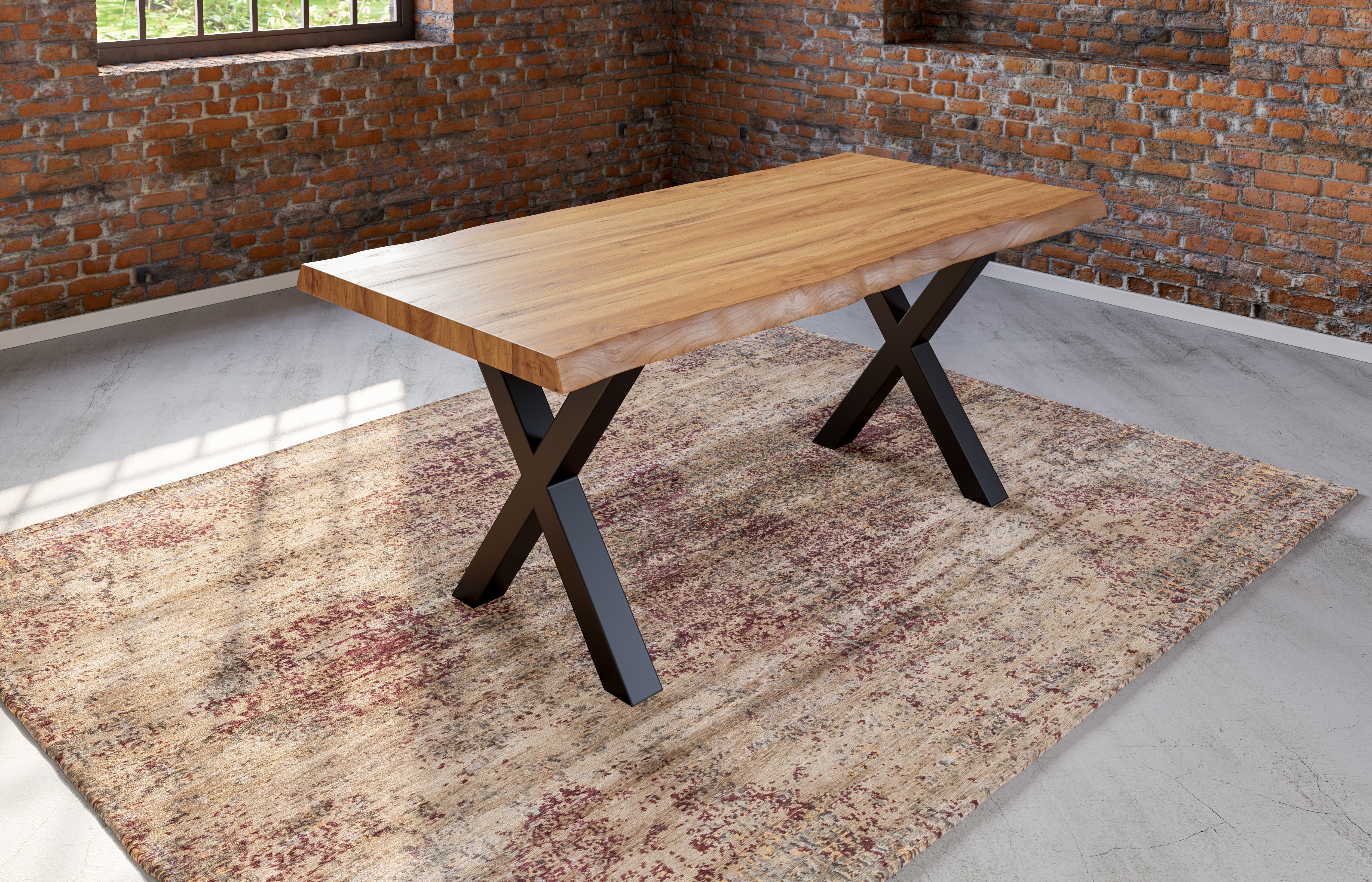  Esstisch Baumkante massiv Akazie natur 260 x 100 schwarz X-Gestell XEREZ